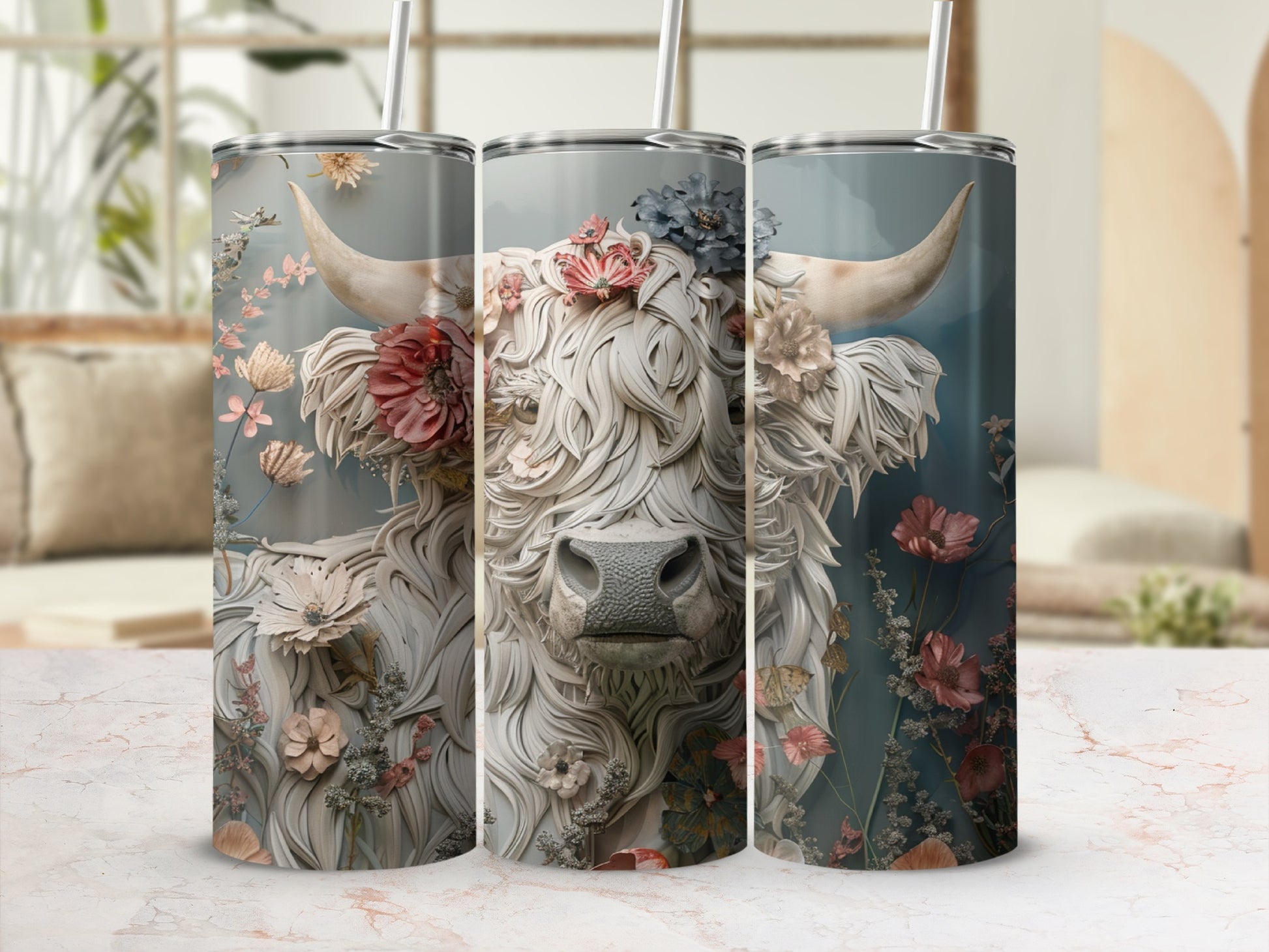 Floral Highland cow tumbler with straw, detailed fur, and pastel flowers.