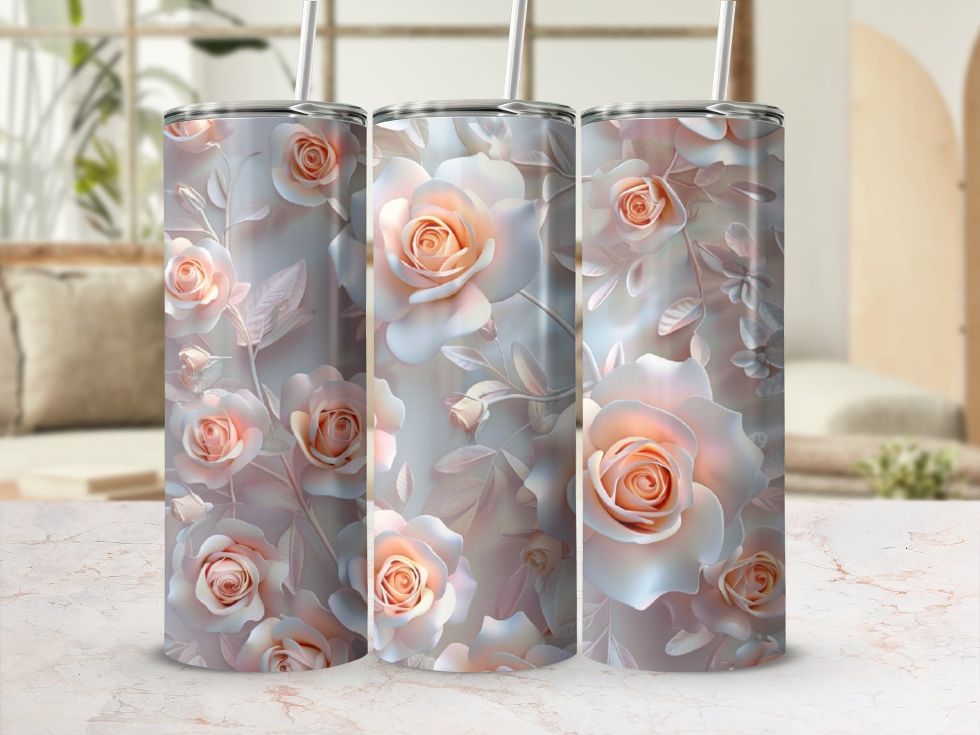 Three tumblers featuring pale pink and cream roses and leaves pattern.