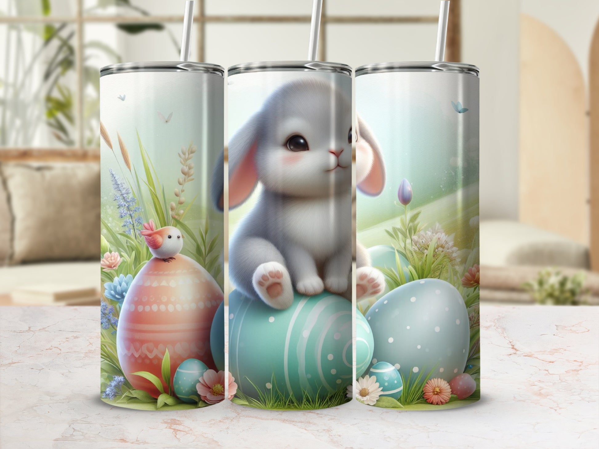 Easter bunny and decorated eggs on a green and blue teal tumbler.