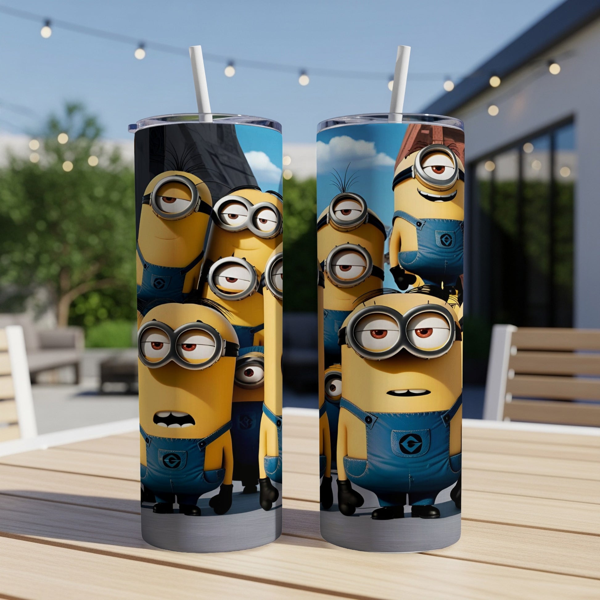Two Minion-themed tumblers with straw, featuring multiple Minion characters.