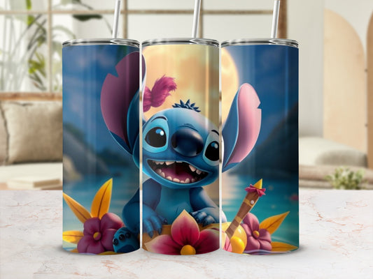 Adorable Blue Character with Flowers Tumbler