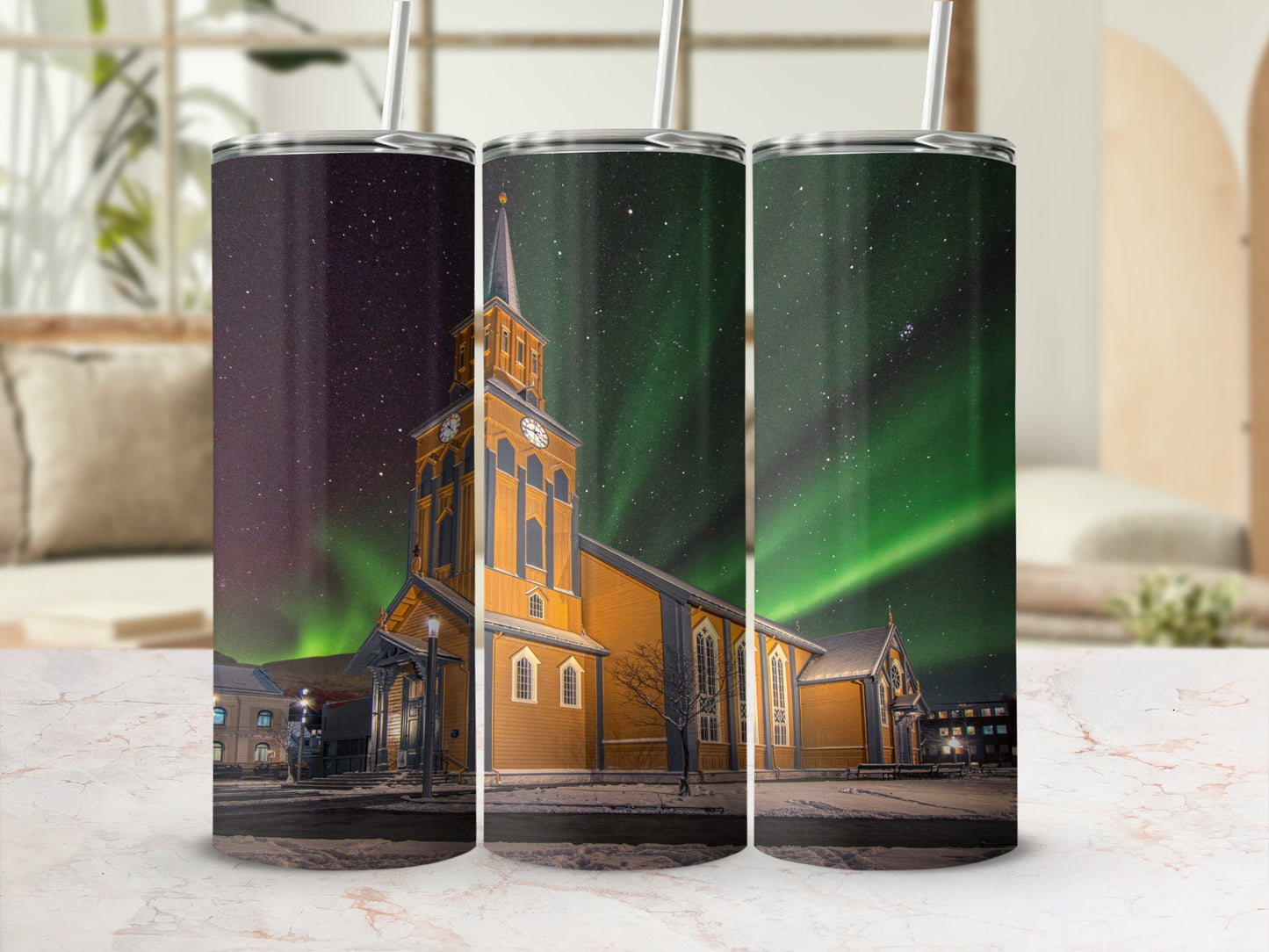 Northern Lights with Church Scene Tumbler Product