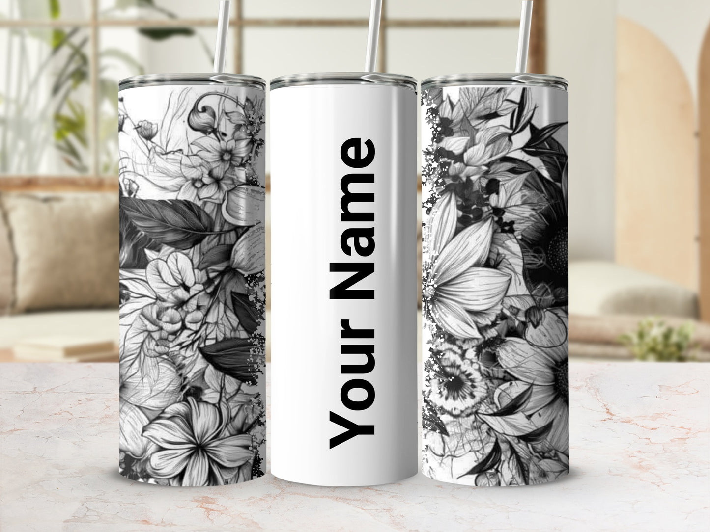 Personalized Black and White Floral Design Tumbler