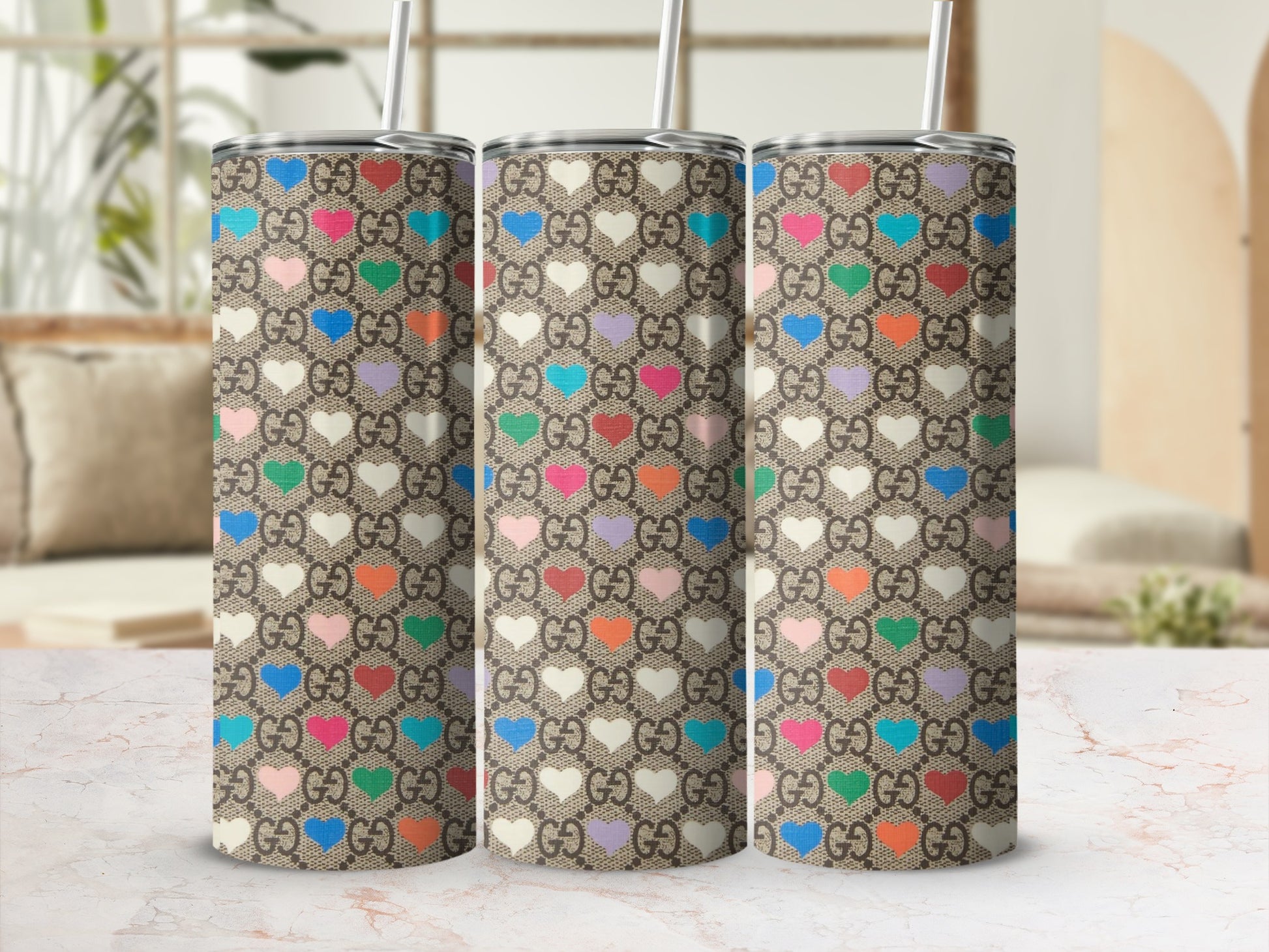 Colorful Heart Pattern Tall Tumbler with Straw