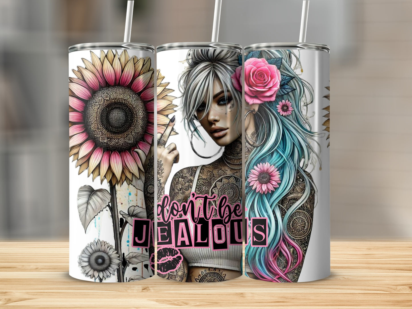Sunflower and tattooed woman with pink text.