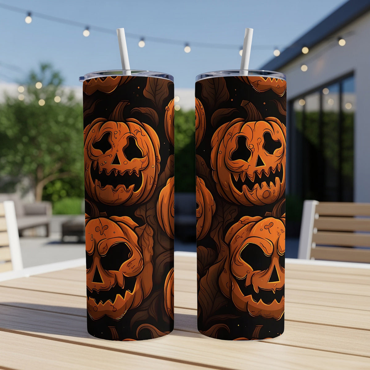 Two Halloween themed tumblers with jack-o'-lanterns and leaves pattern.