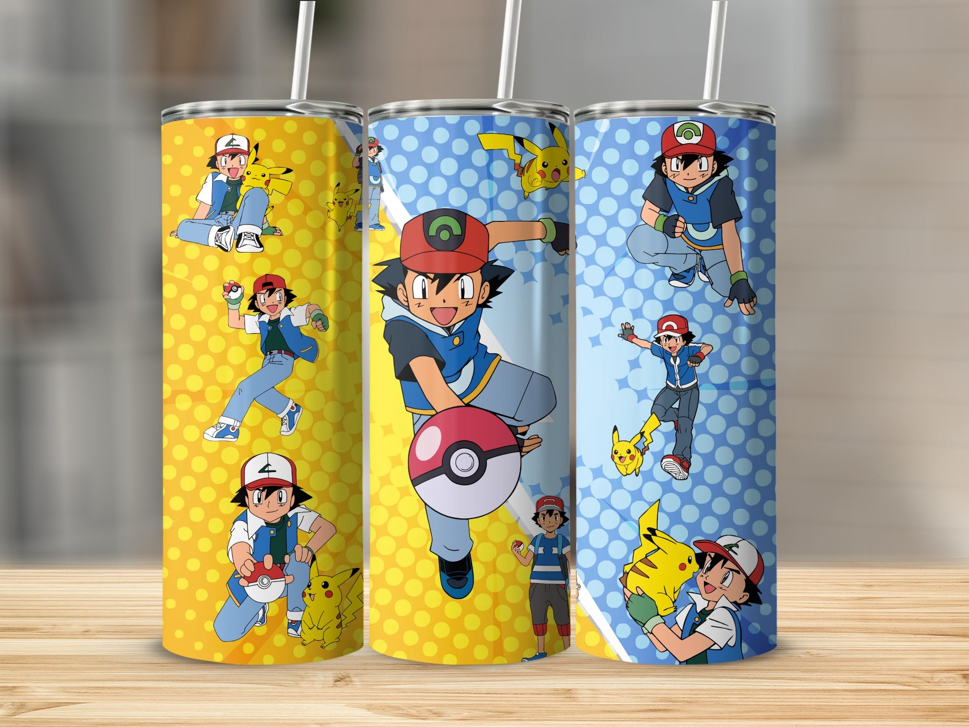 Colorful Ash and Pikachu Themed Tumbler Cups