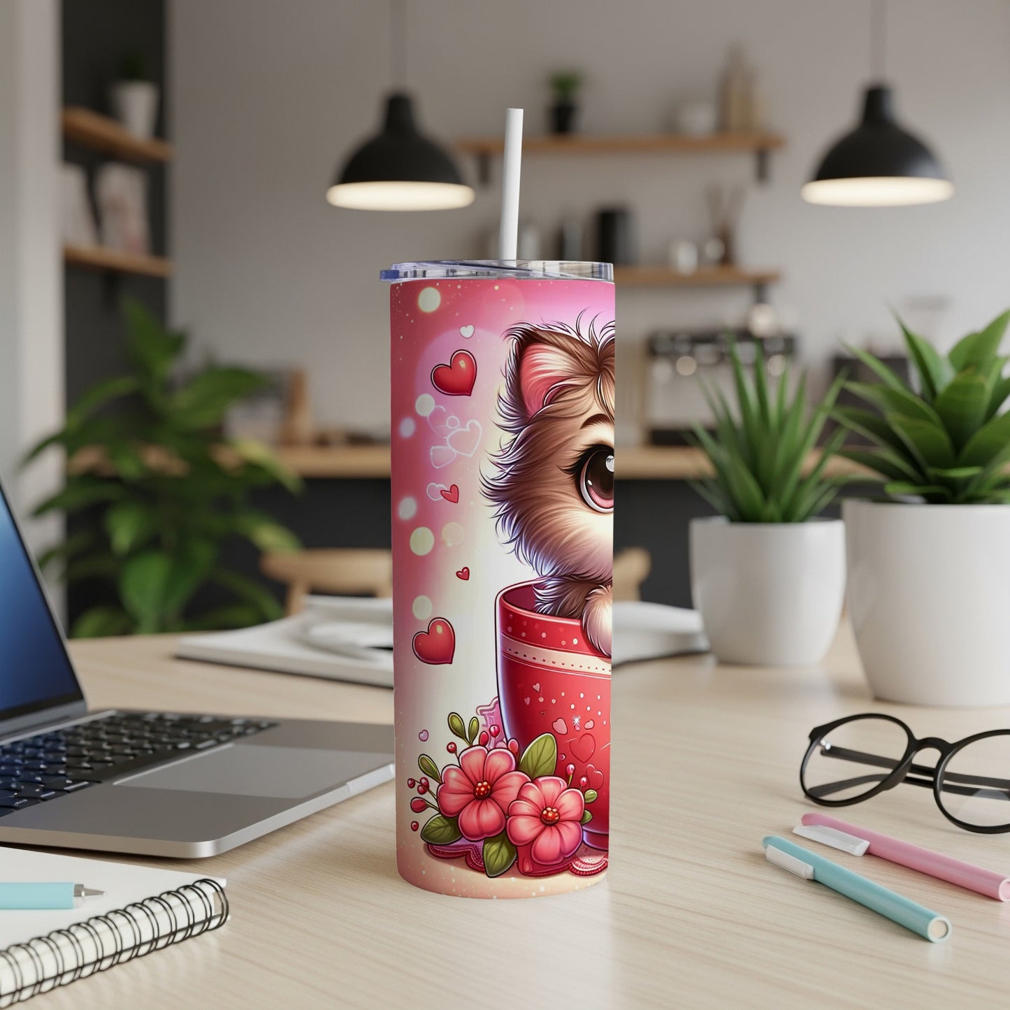 Pink tumbler with a cute puppy in a heart-patterned cup and flowers.