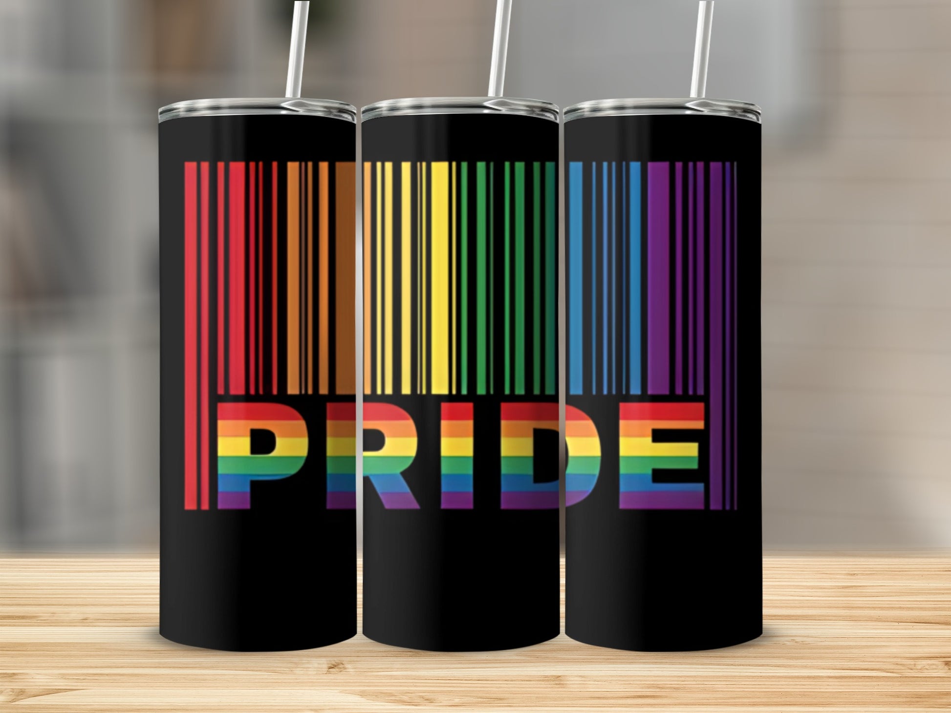 Three black tumblers with rainbow barcode and "Pride" text.