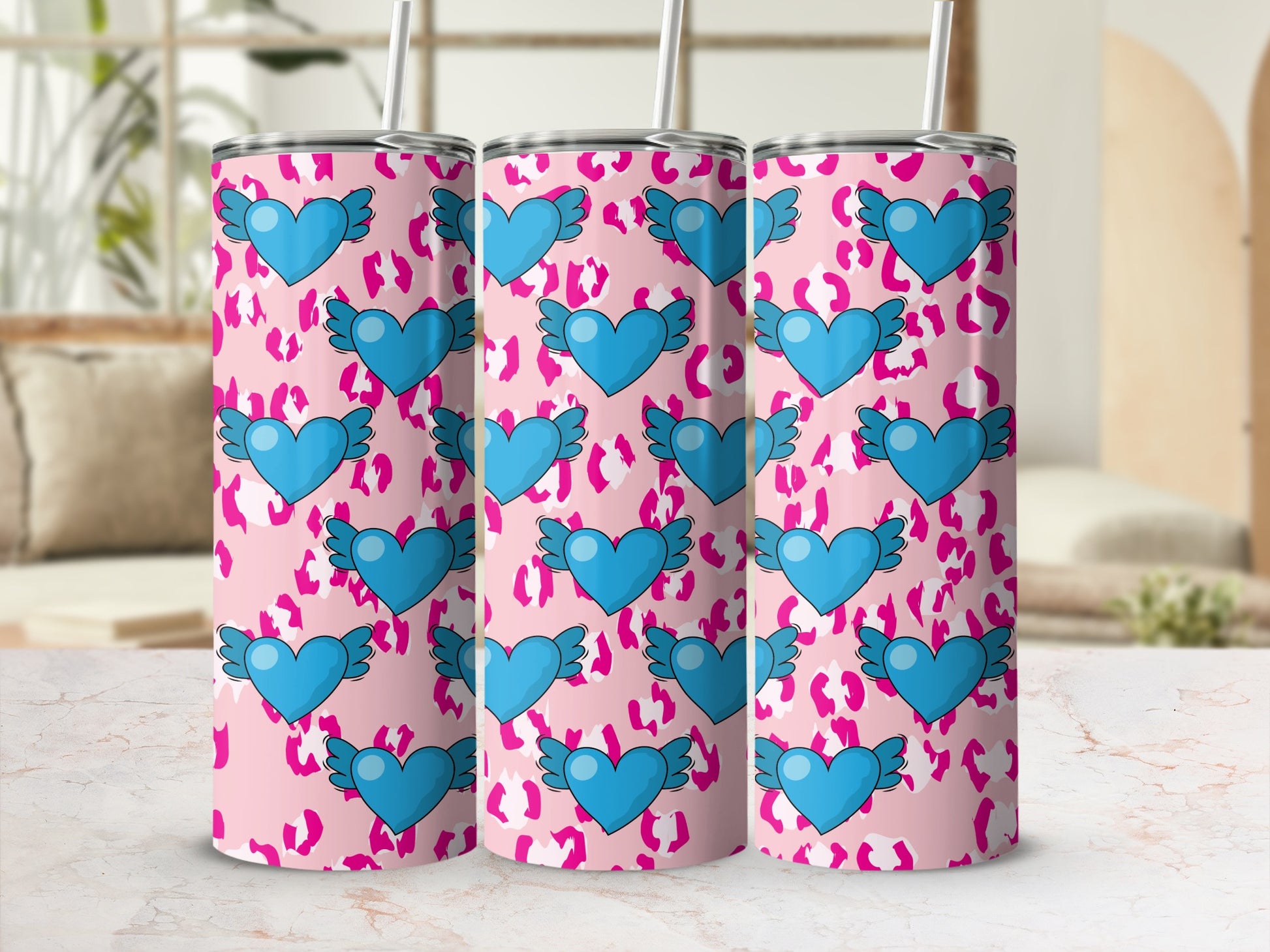 Pink Leopard Print Blue Winged Hearts Tumbler product type