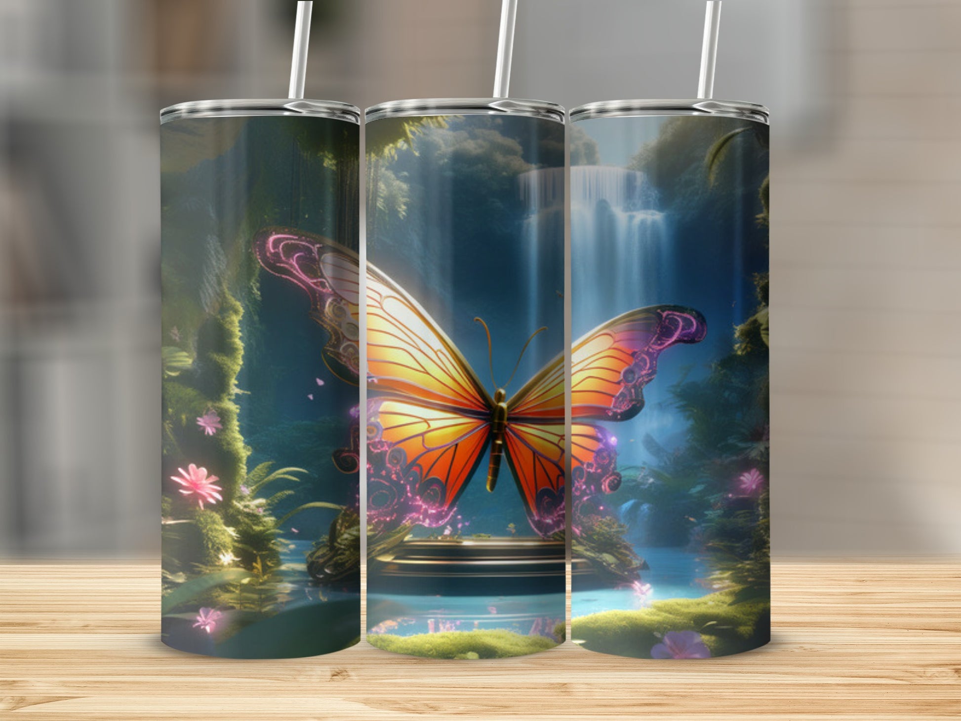 Tall tumbler with iridescent butterfly and waterfall scene.