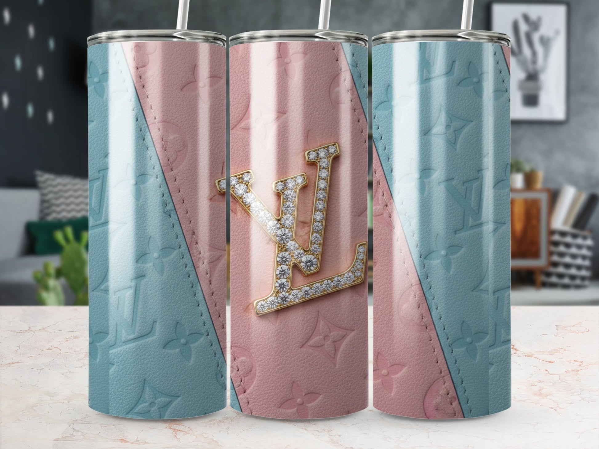 Stylish Two-Tone LV Design Tumbler with Diamond Accent