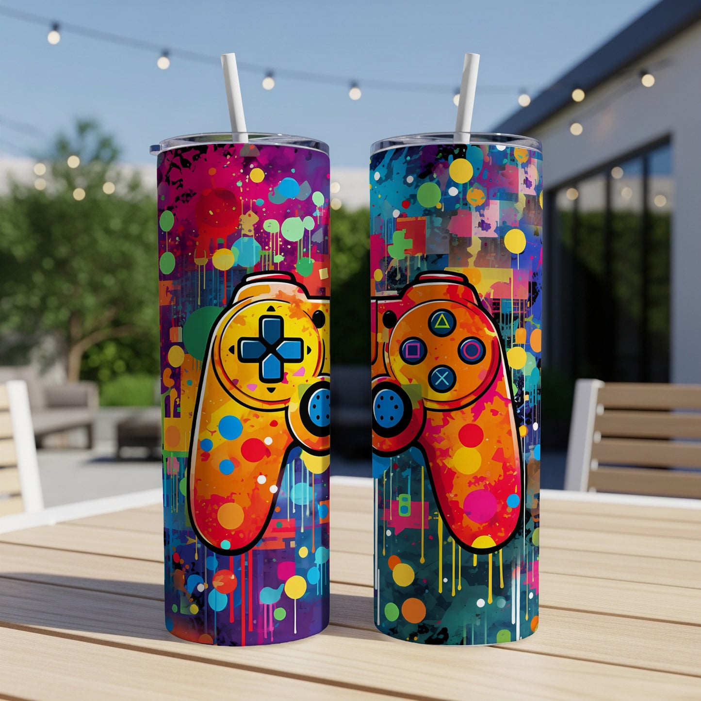 Two colorful tumblers with a video game controller design on a wooden table.