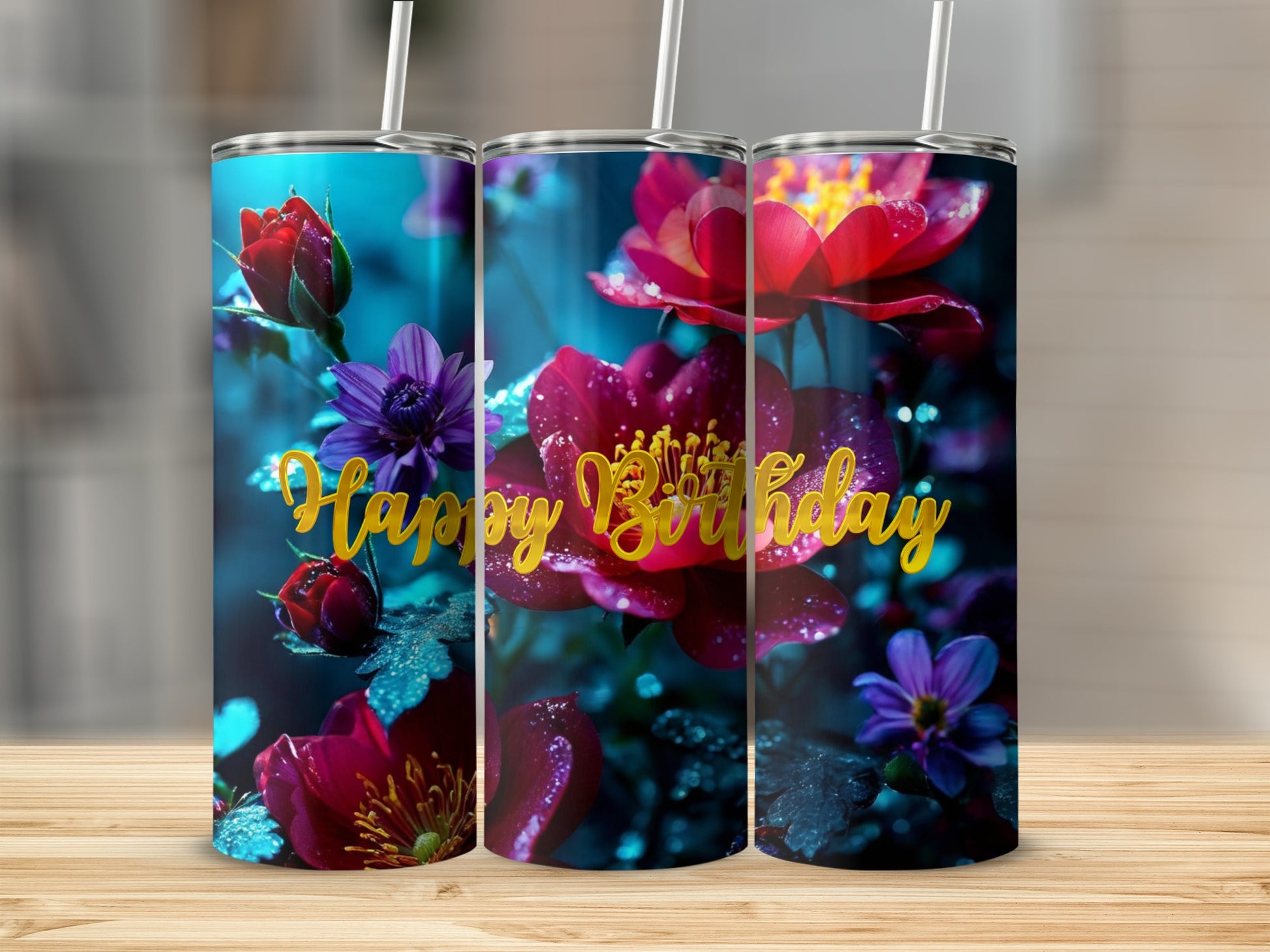 Happy Birthday tumbler with vibrant red and purple flowers.