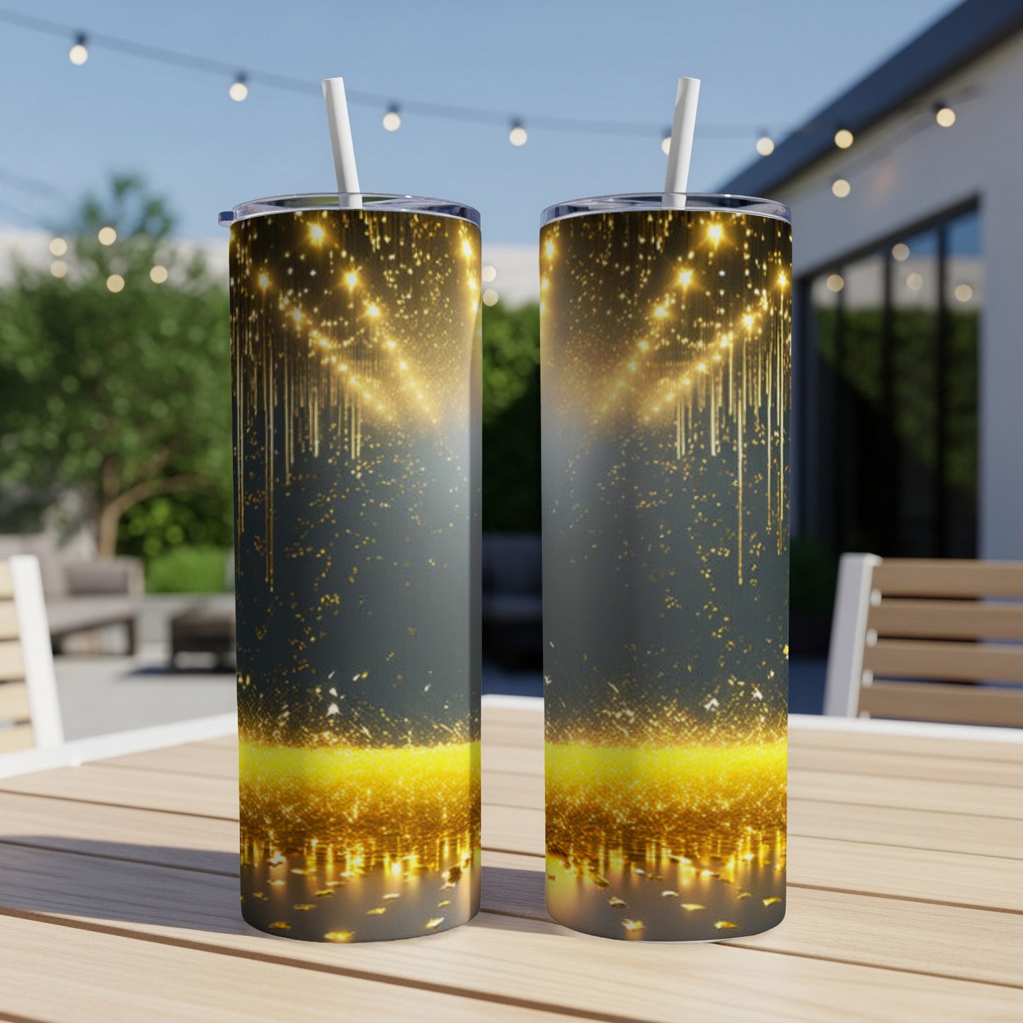 Two tumblers with a sparkling gold and dark gray abstract design.