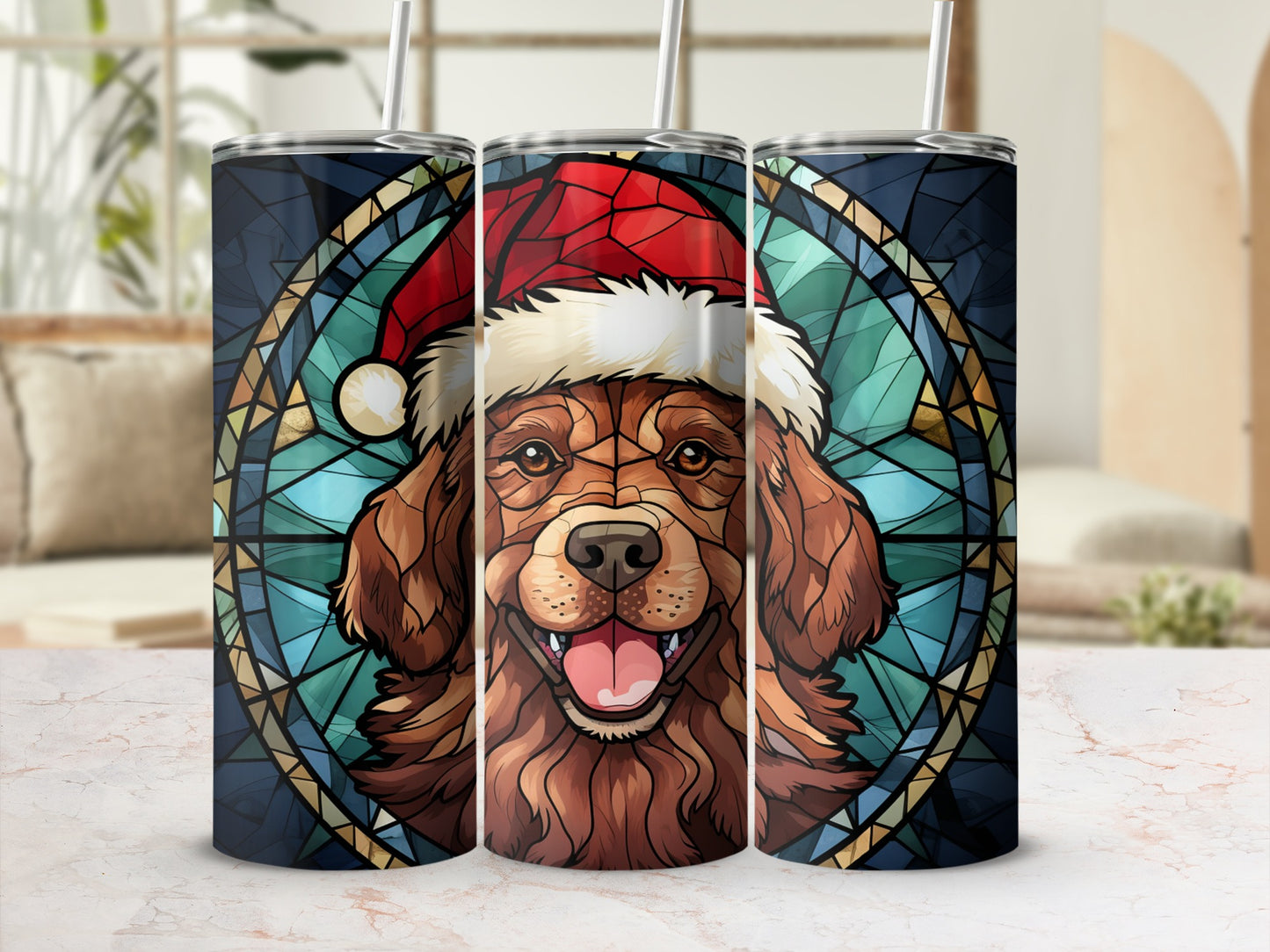 Stained glass tumbler with happy dog wearing Santa hat.