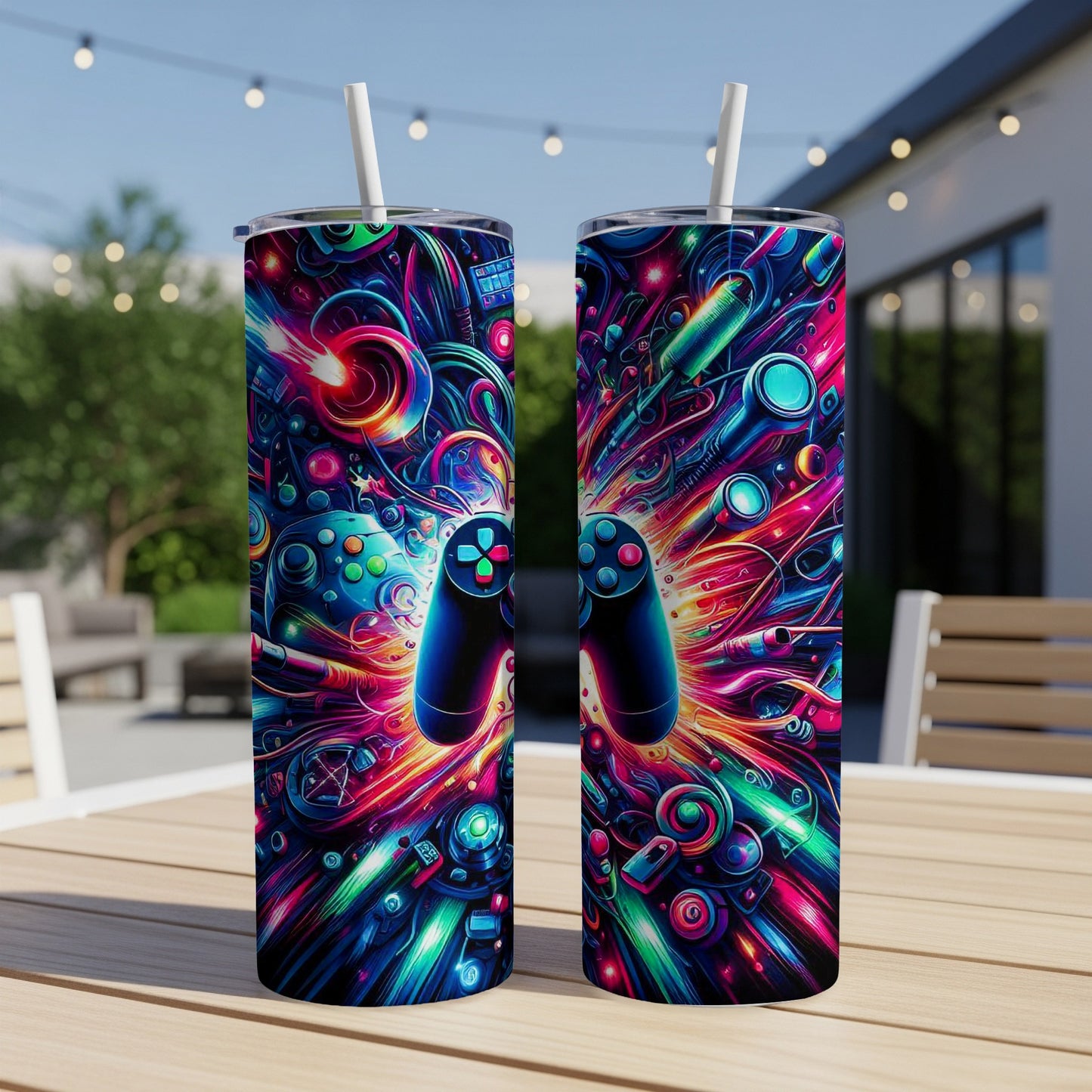 Two vibrant tumblers featuring a colorful, abstract video game controller design.