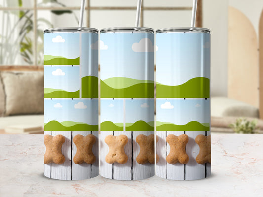 Three tumblers with a dog bone pattern and landscape scene.