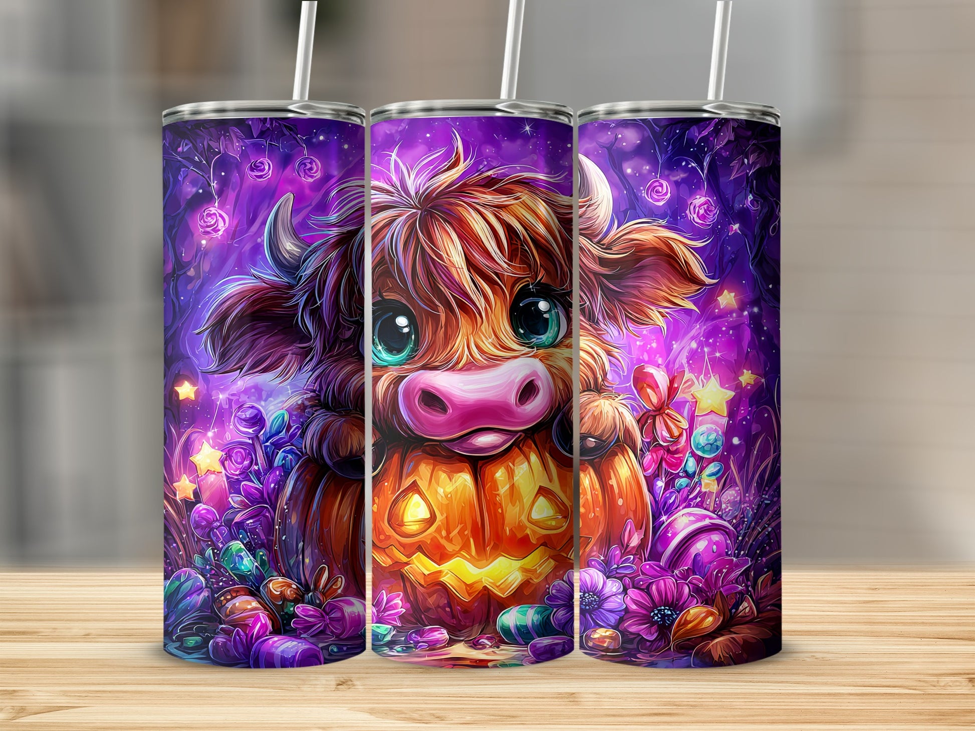 Colorful Halloween Cow with Pumpkin Tumbler Cup