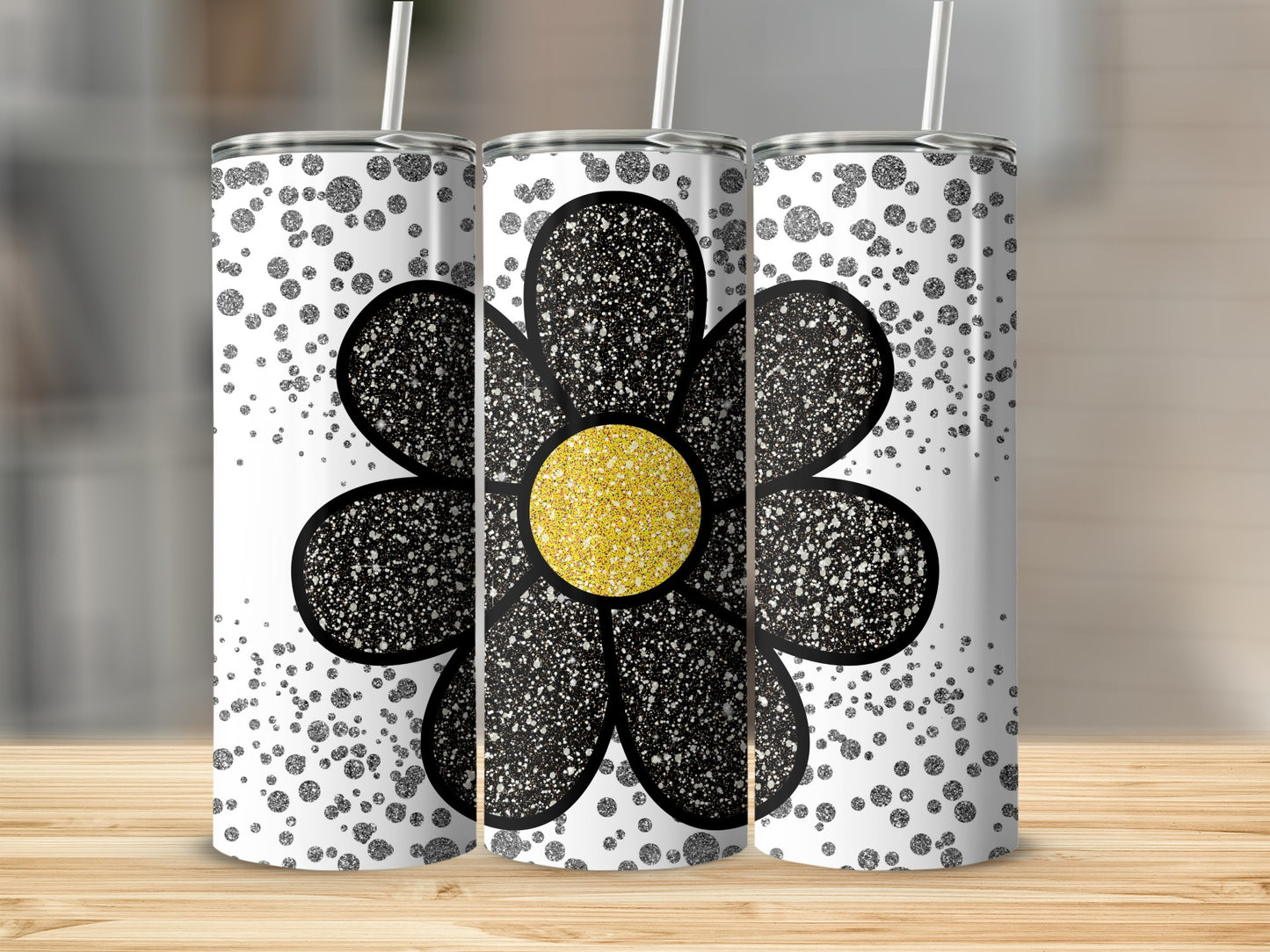Glittery Black Daisy Pattern Tumbler with Straw Design