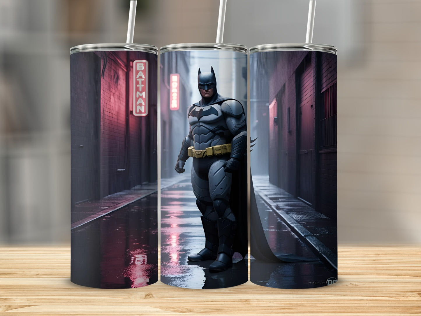 Batman character illustration on a tumbler with neon signs in a dark alley.