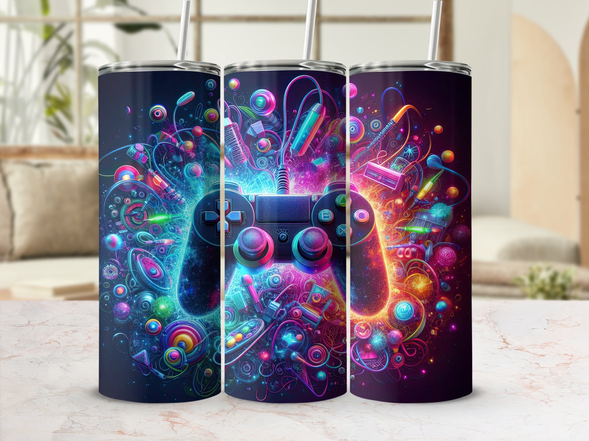 Three dark blue tumblers with vibrant, abstract gamer-themed designs.