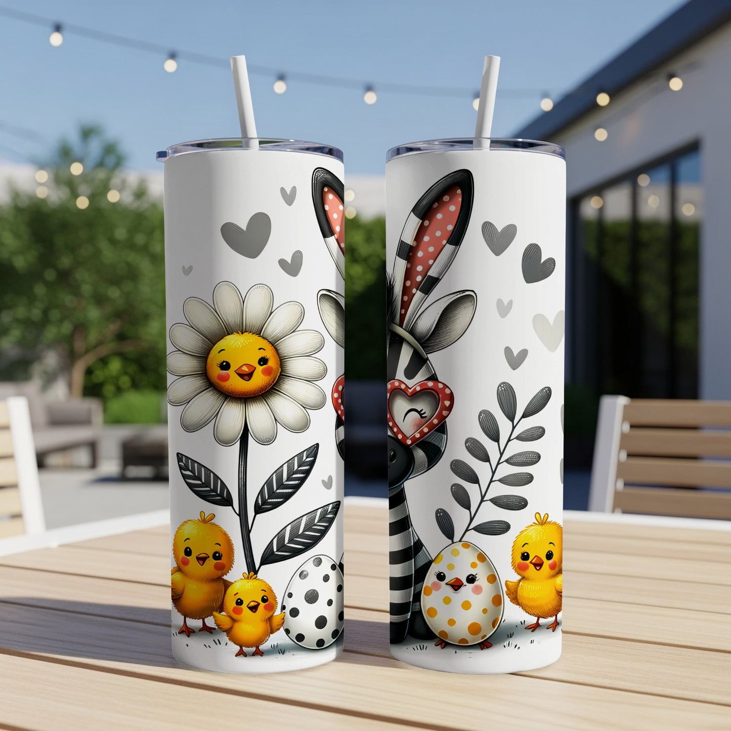 Easter-themed tumblers with a bunny, chicks, and a daisy design.