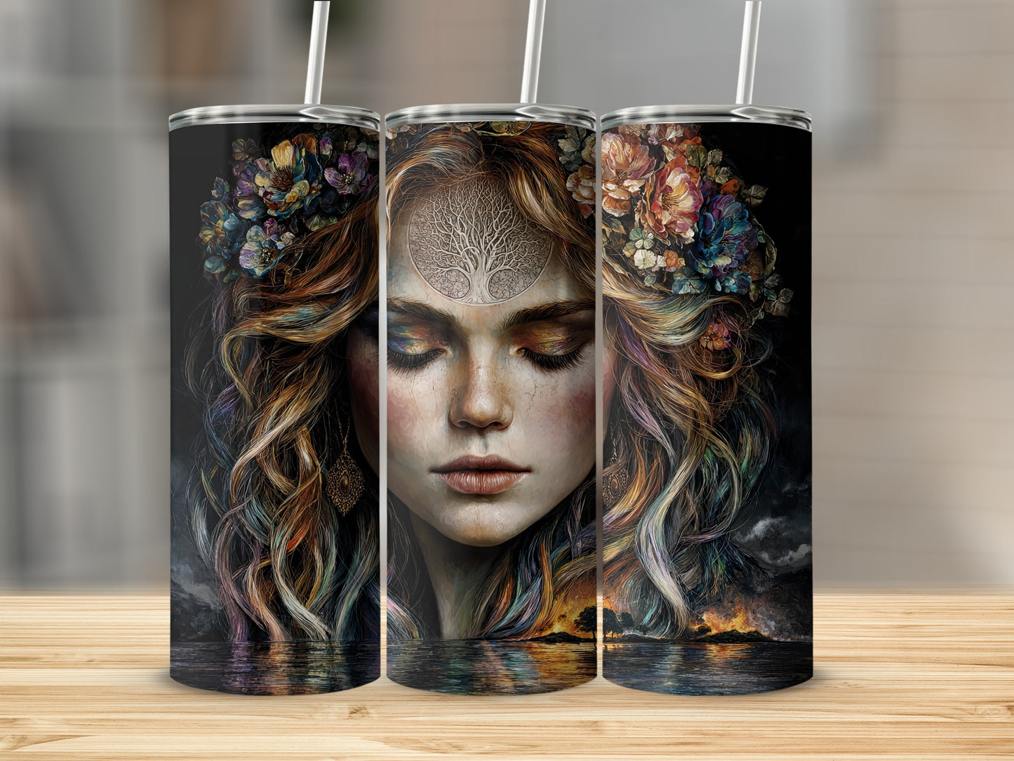 Artistic Dreamlike Woman Floral Hair Tumbler Design