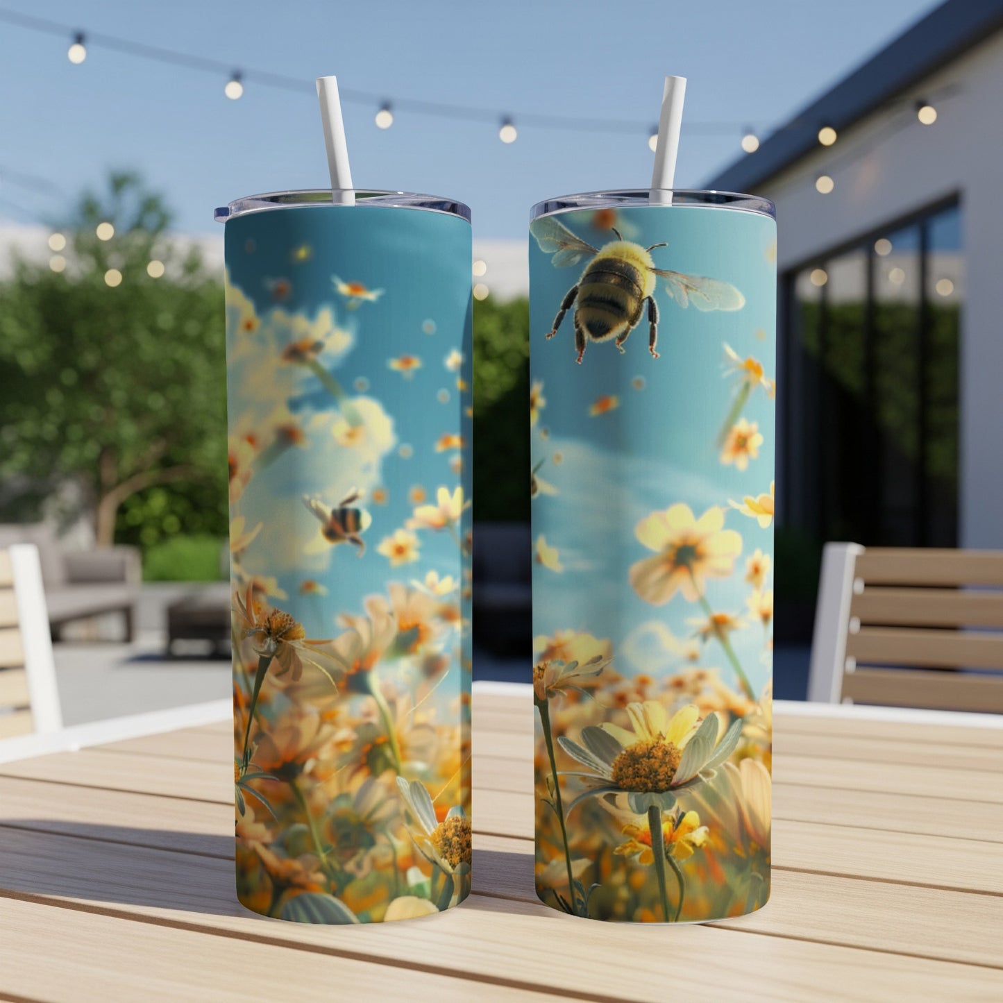 Two tumblers with bees and flowers against a sky background.