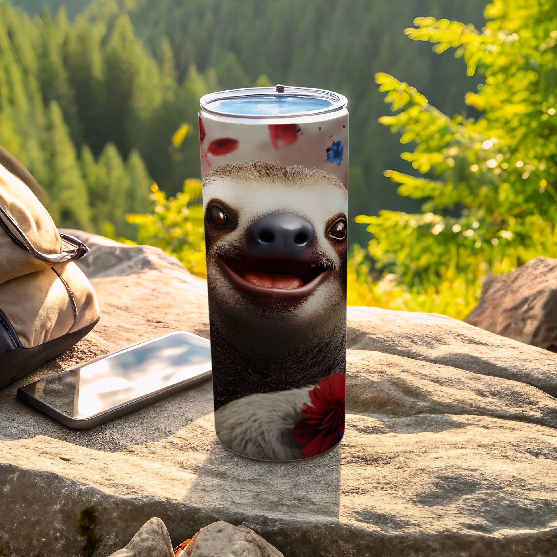 Tumbler with a happy sloth face and red flower design on outdoor rocky surface.