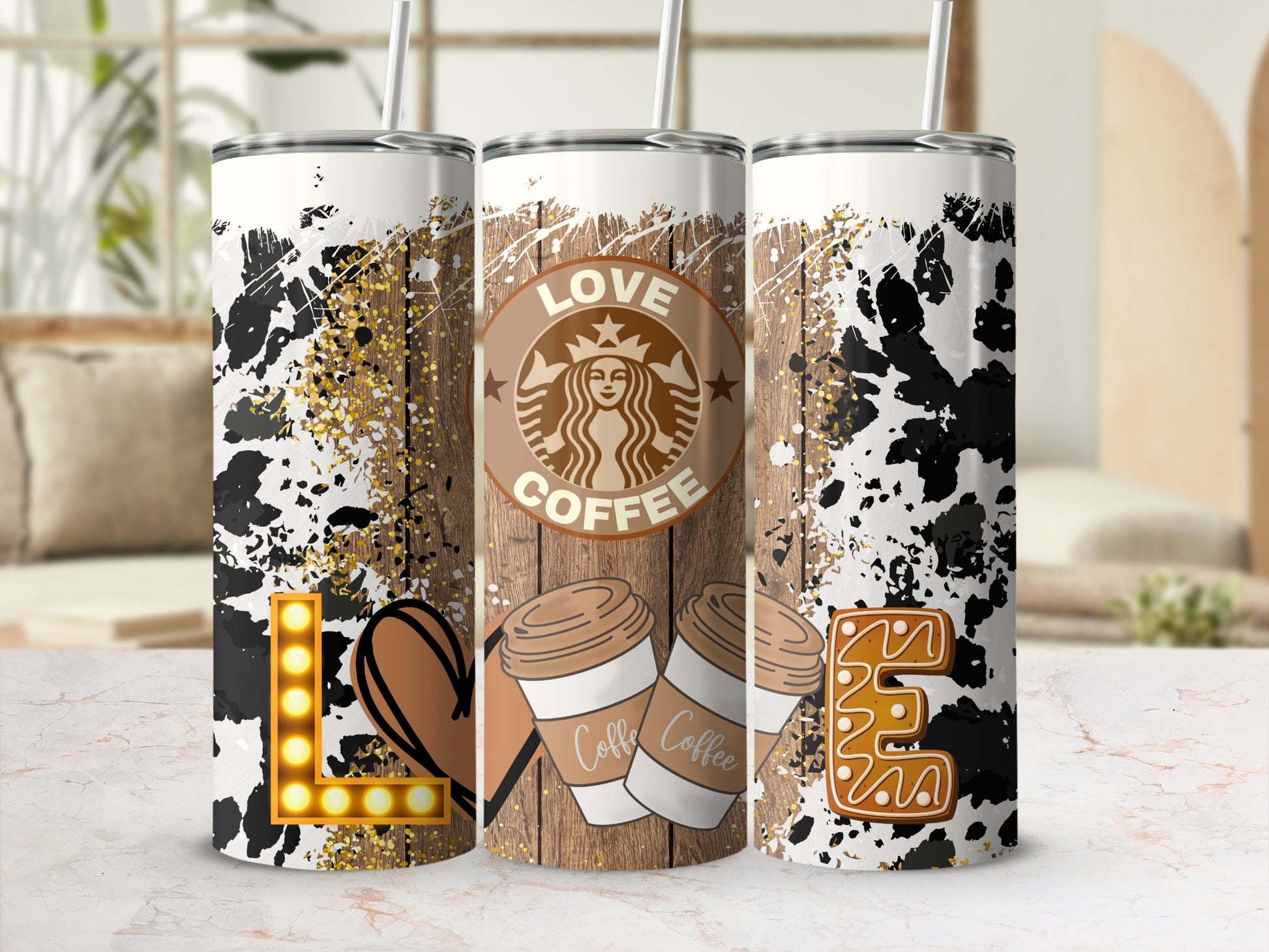 Love Coffee Cow Print Tumbler with Letter Design