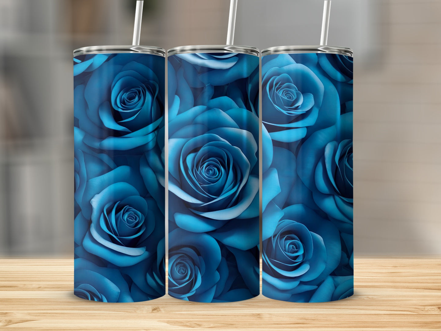 Elegant Blue Rose Design Stainless Steel Tumbler