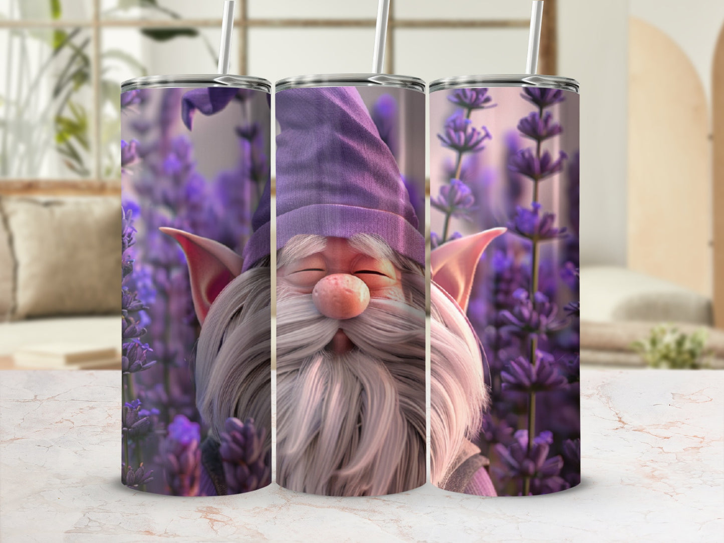 Triptych of a gnome with purple hat and lavender flowers.