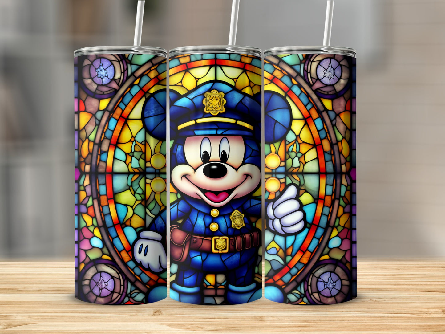 Colorful Police Officer Mouse Stained Glass Design Tumbler