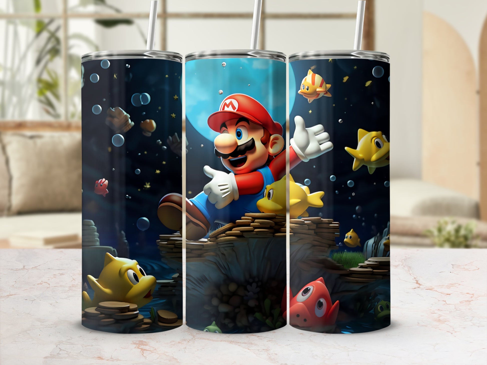 Mario Swimming with Fish Underwater Scene Tumbler