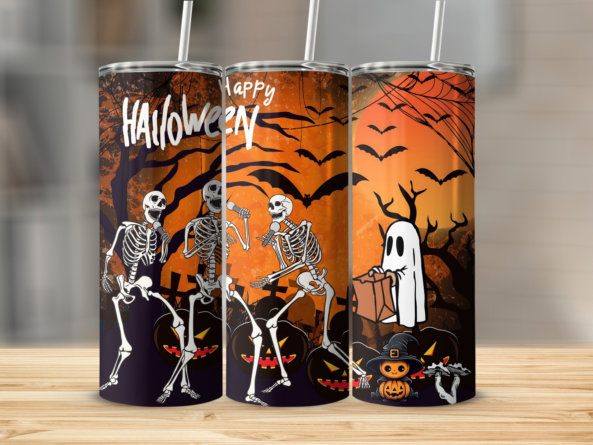 Festive Halloween Skeletons and Ghost Tumbler Cup