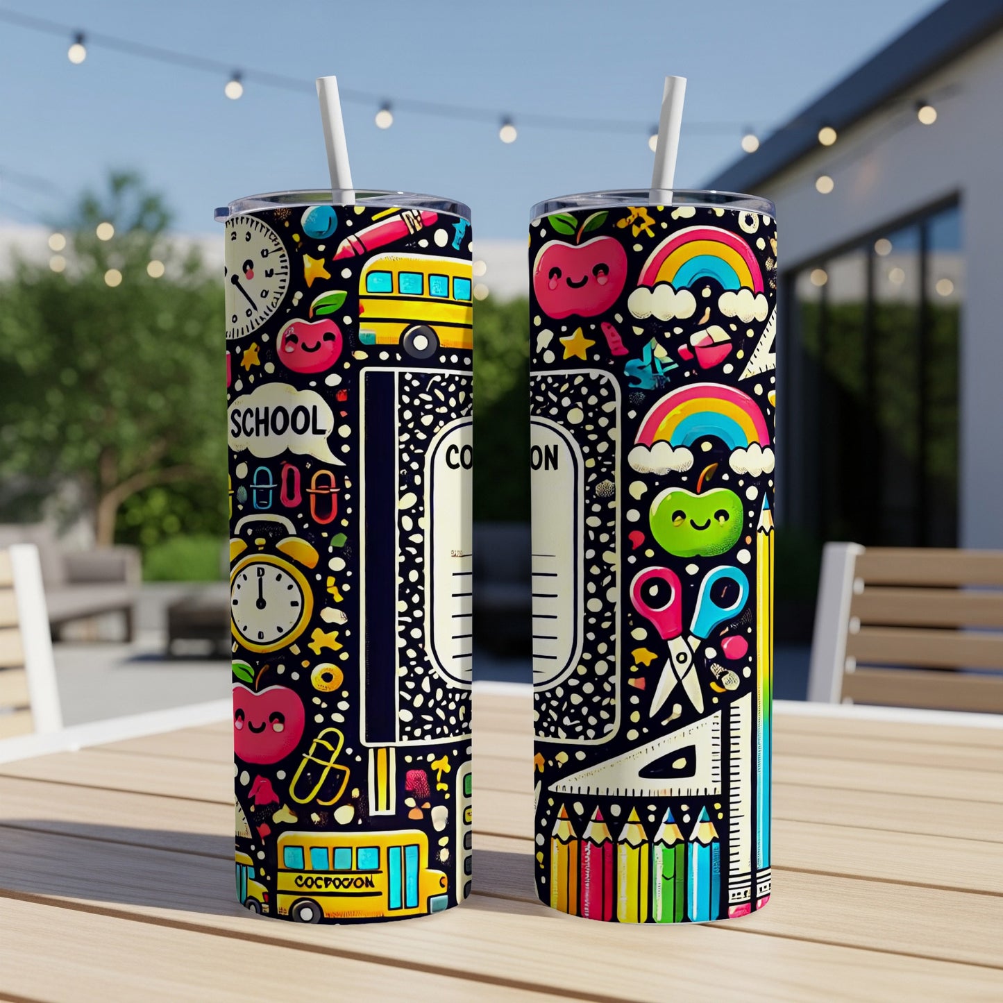 Tumblers with a dark background featuring colorful school supplies and cartoon characters.