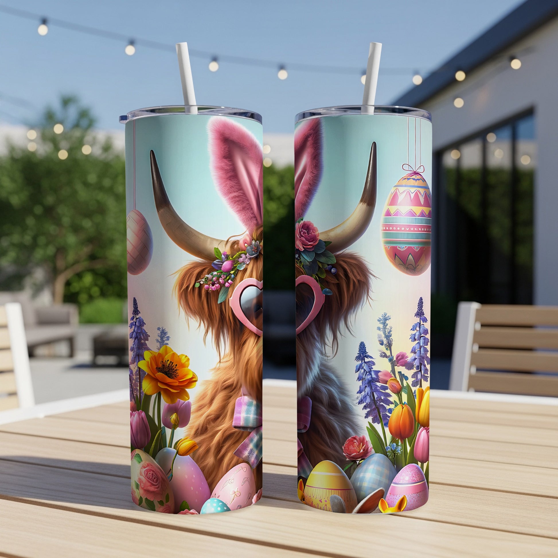 Easter Highland cow with bunny ears, heart sunglasses, and floral crown on tumblers.