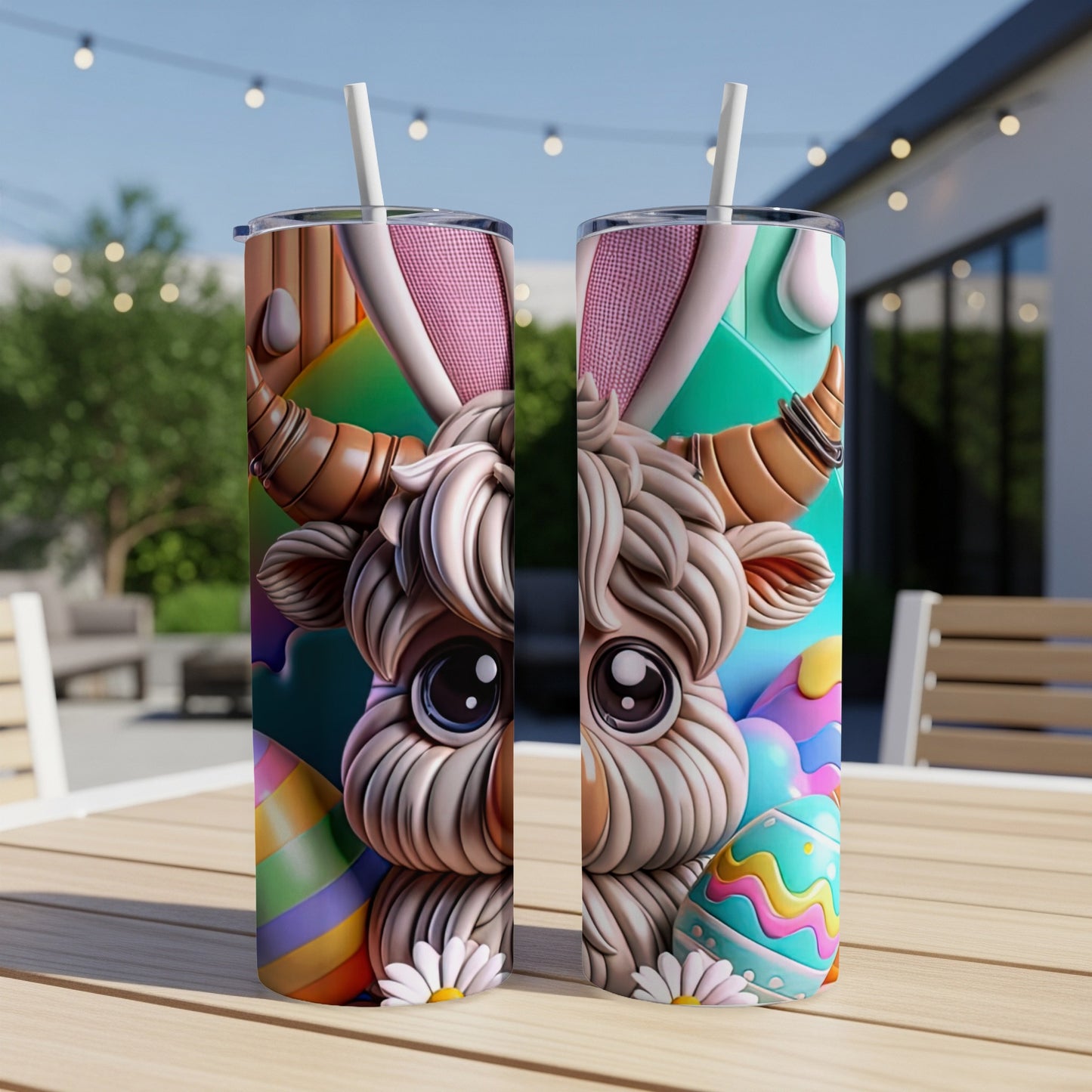 Two pastel Easter-themed tumblers with a cow character, decorated with eggs and bunny ears.