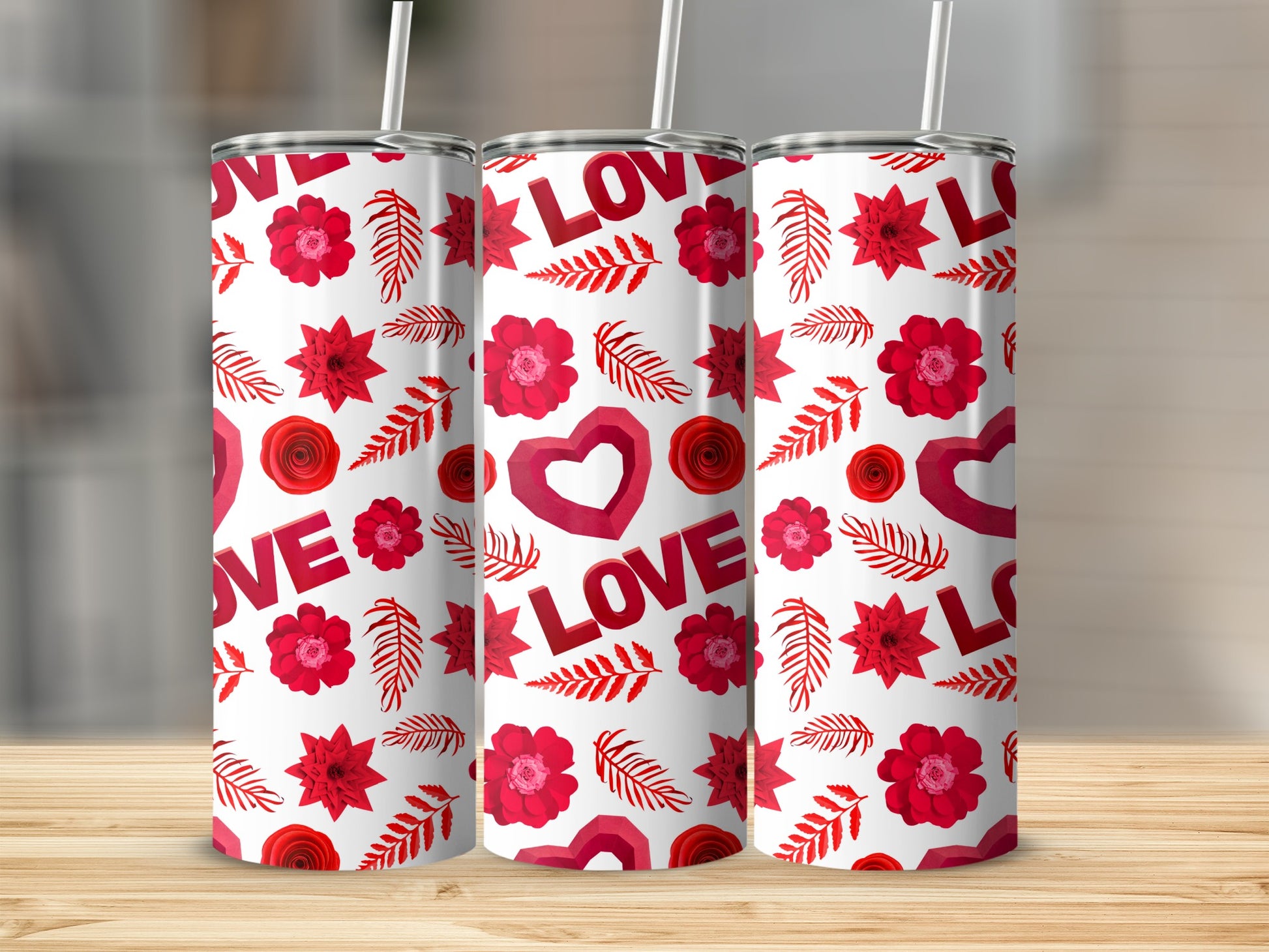Romantic Floral Hearts and Love Themed Tumbler