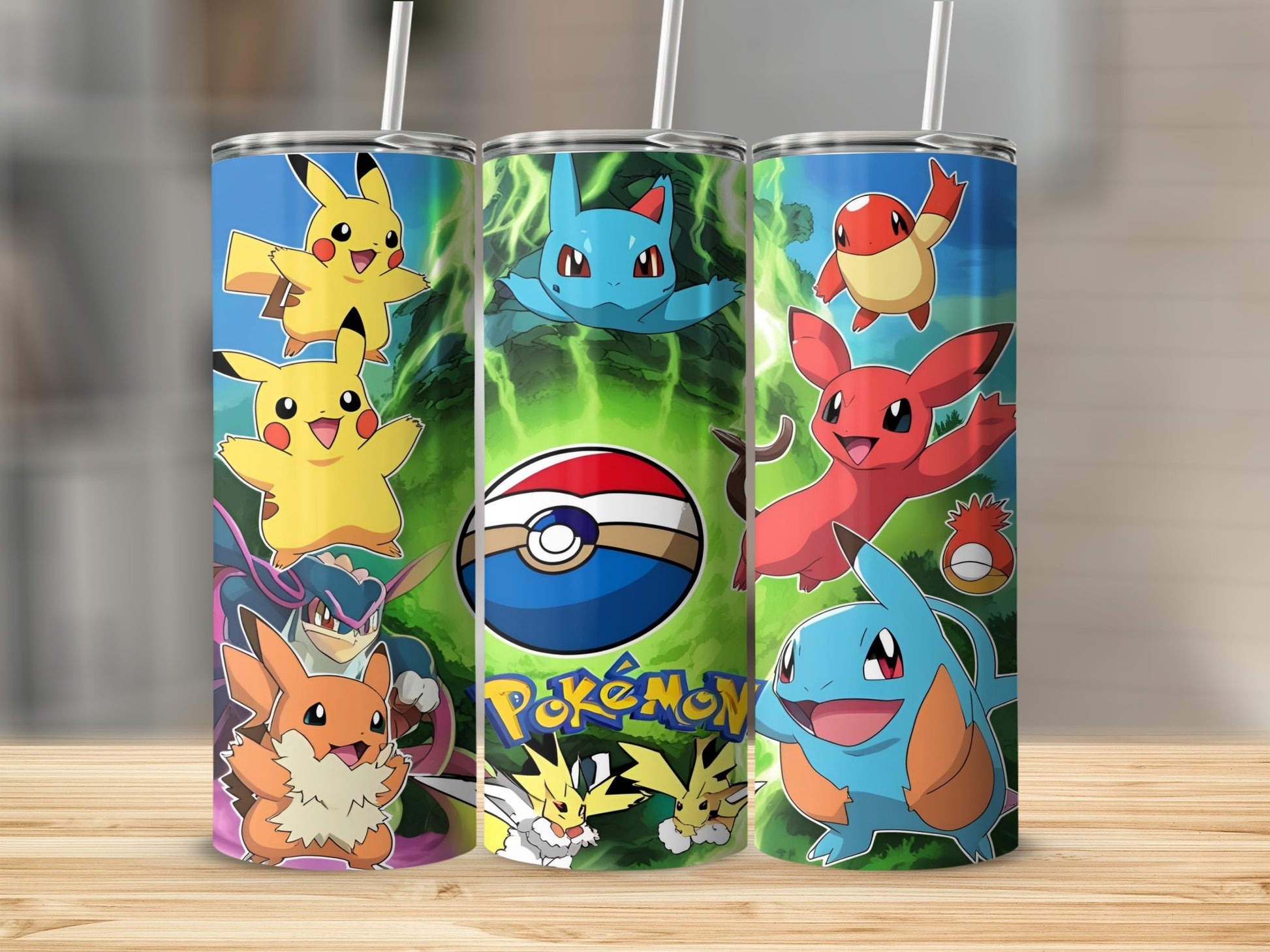 Pokemon characters including Pikachu, Squirtle, and Charmander on a green and blue patterned tumbler.
