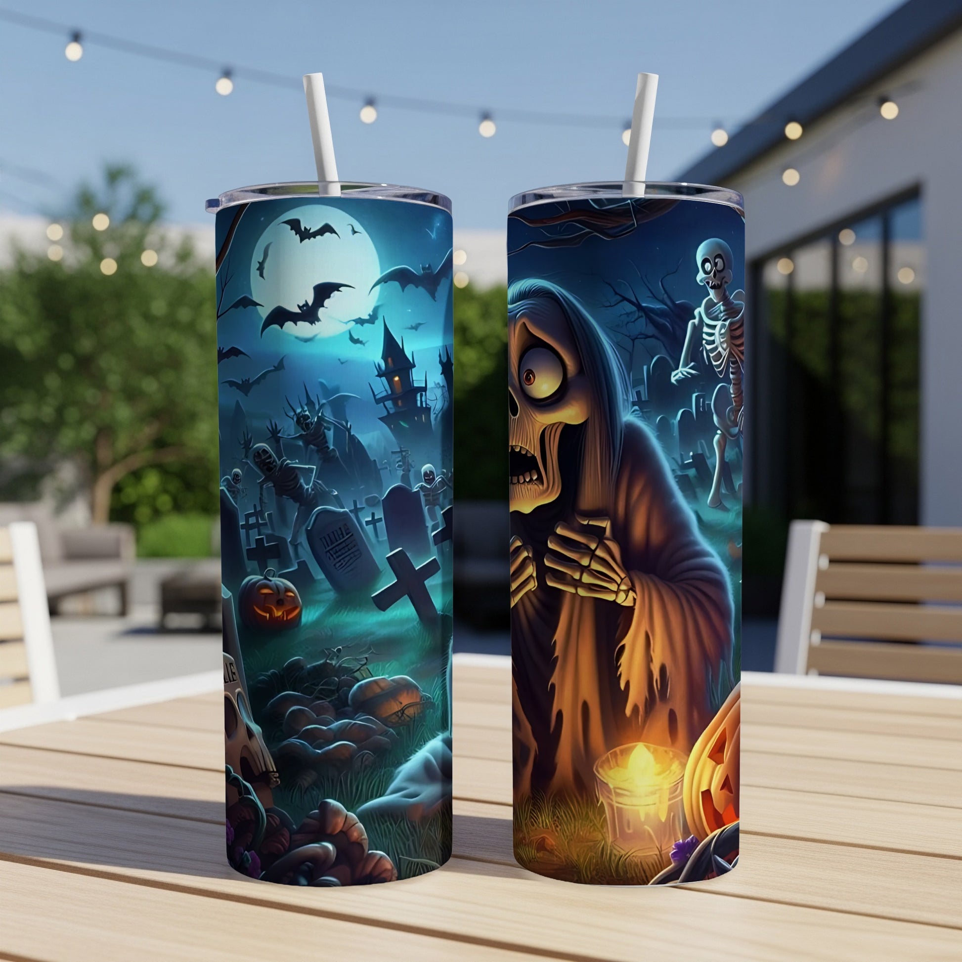 Halloween tumblers with spooky graveyard and grim reaper designs.
