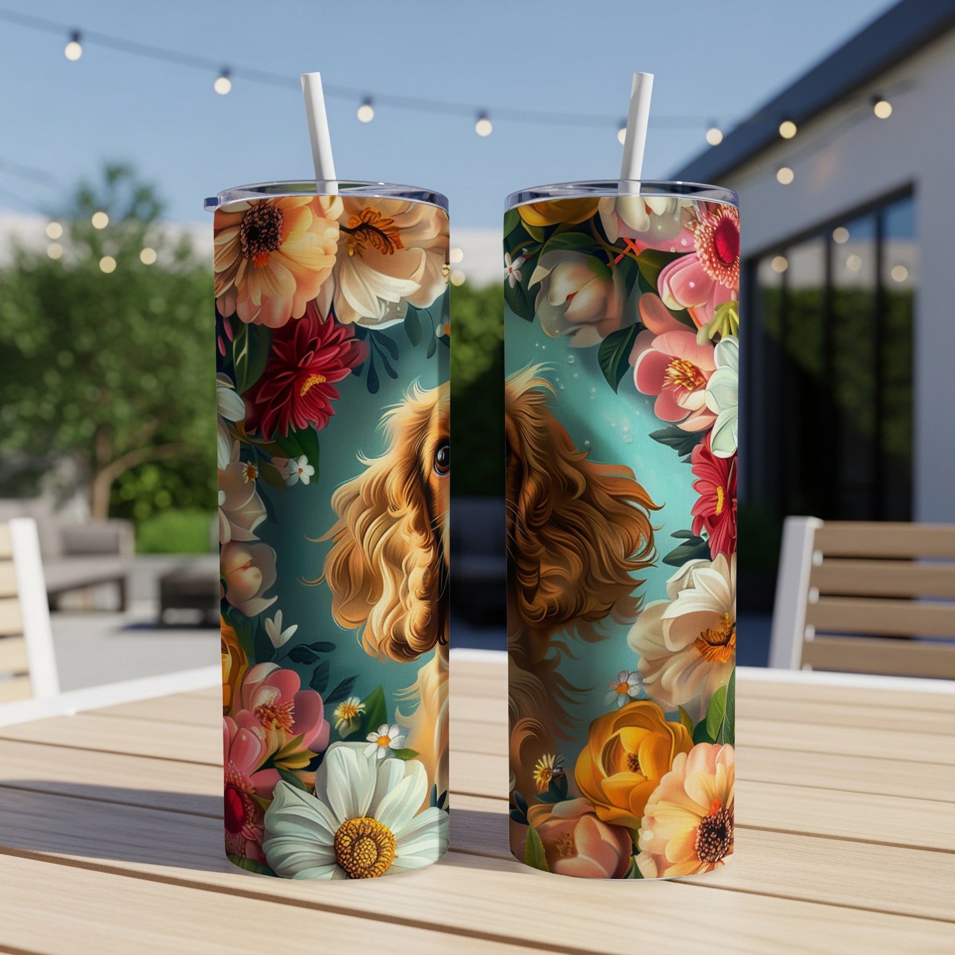 Two tumblers with a golden dog surrounded by vibrant floral illustrations.