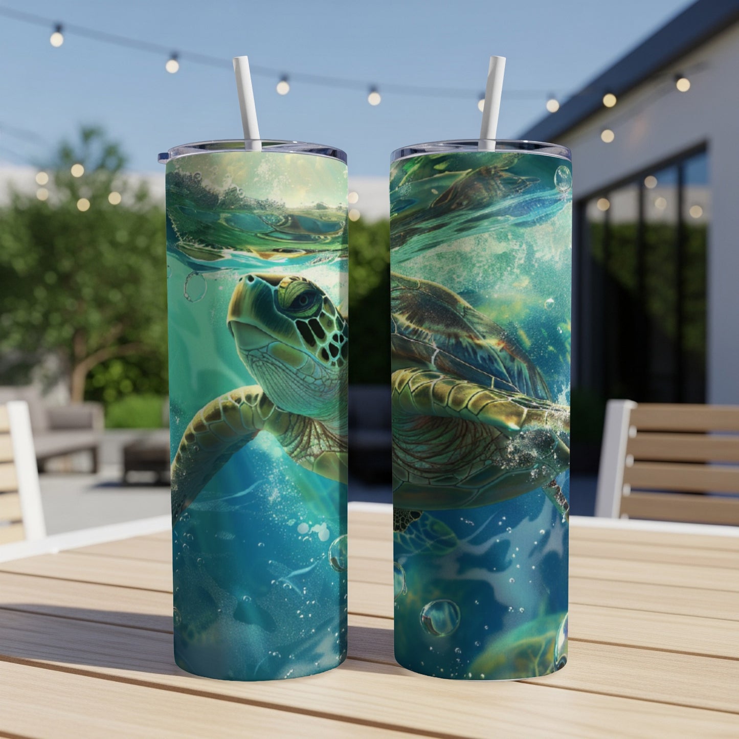 Two tumblers featuring a sea turtle swimming underwater, bubbles, and water splashes.