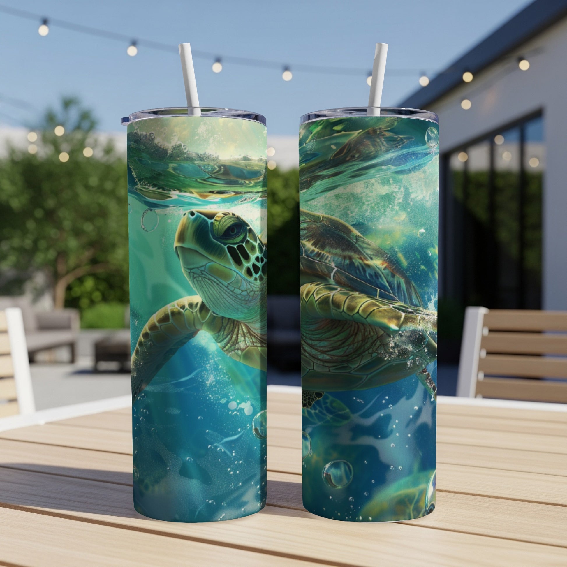 Two tumblers featuring a sea turtle swimming underwater, bubbles, and water splashes.