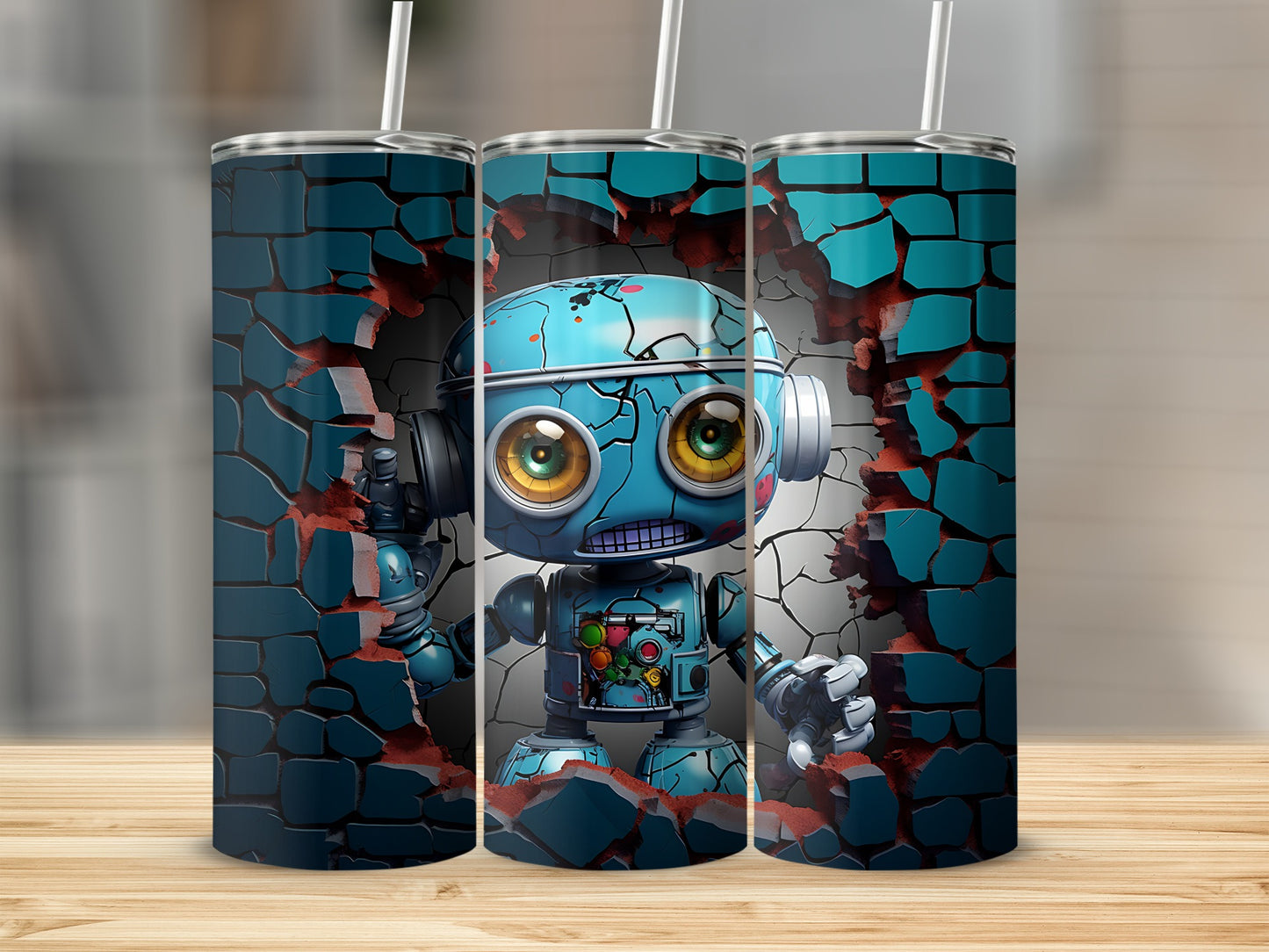 Blue Cyber Robot Breaking Wall Graphic Product