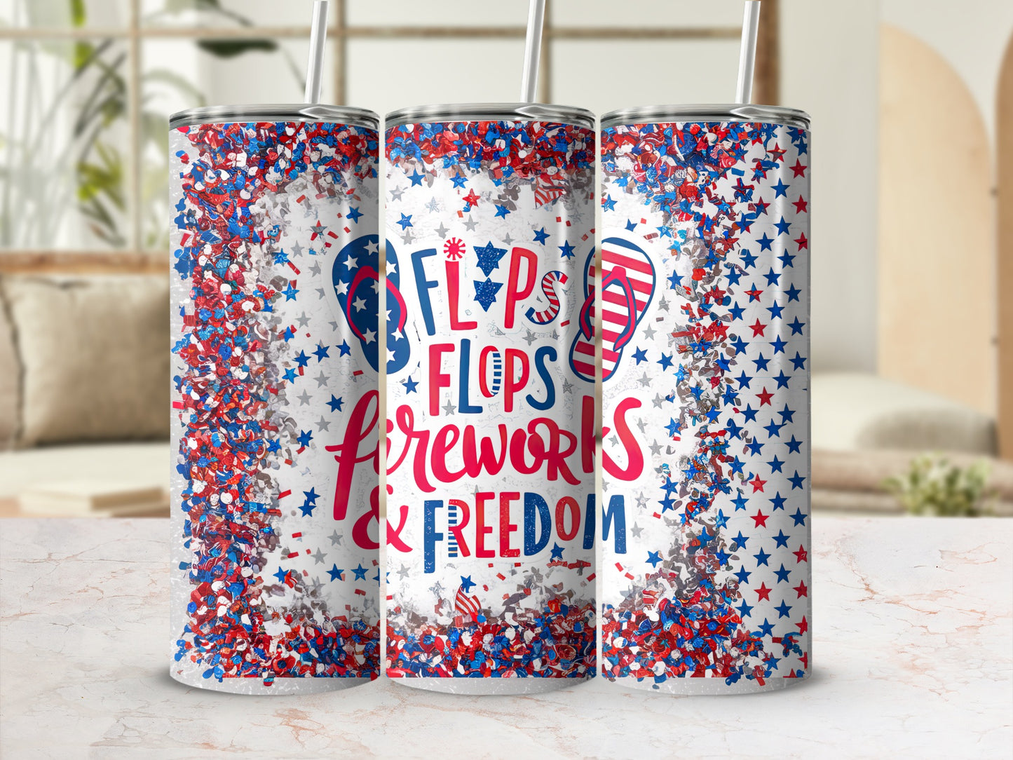 Red, white, and blue tumbler with "flips flops fireworks & freedom" text.