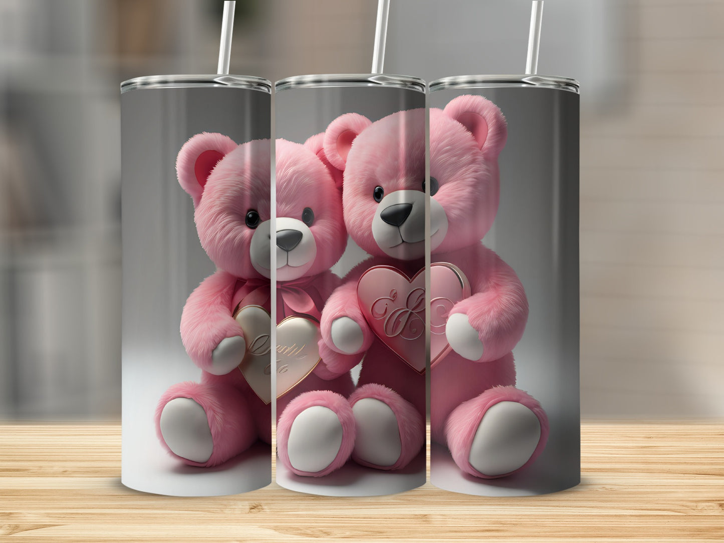 Adorable Pink Teddy Bear Printed Tumbler with Hearts