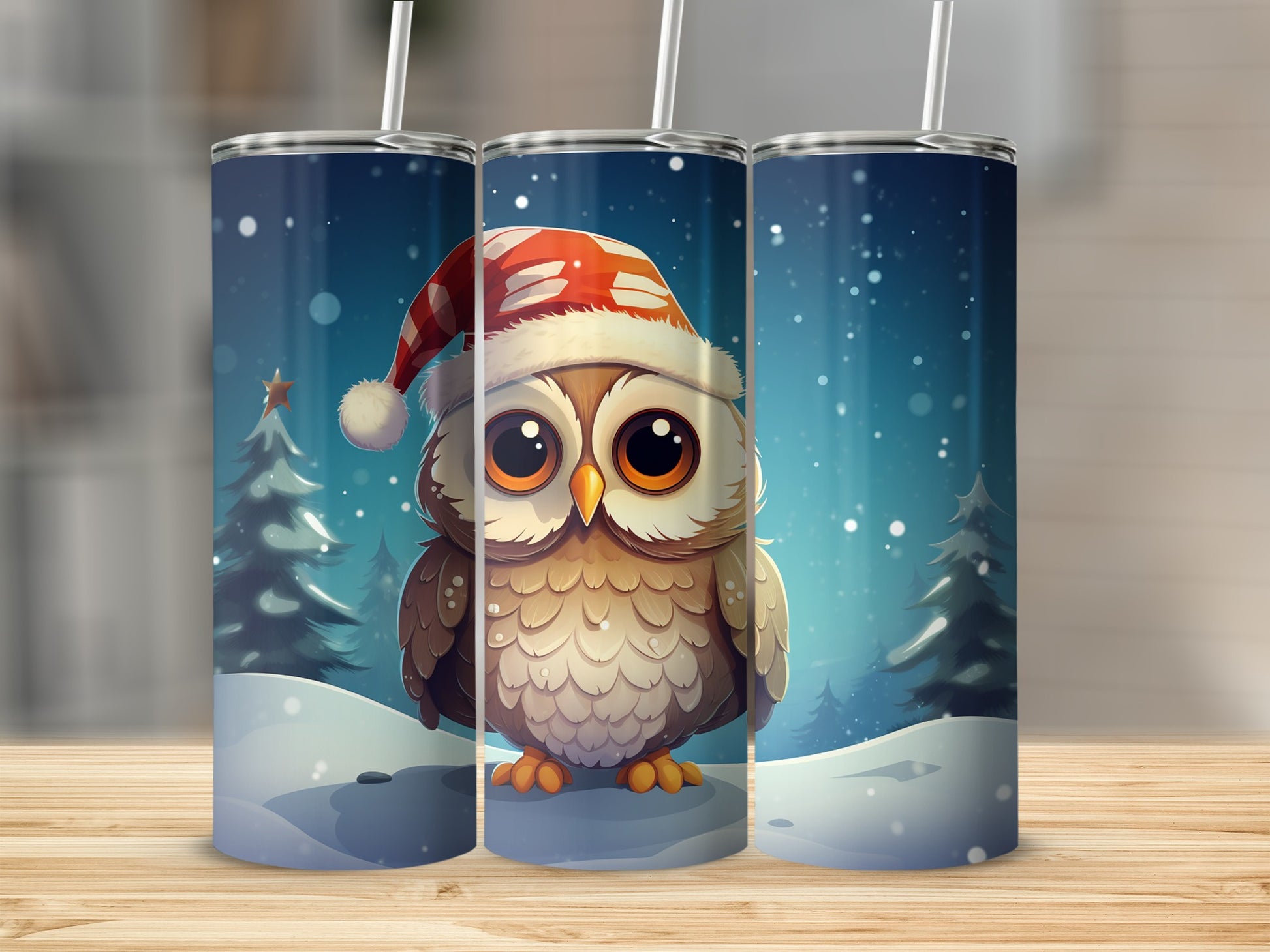 Cute Owl with Santa Hat Winter Scene Christmas Tumbler