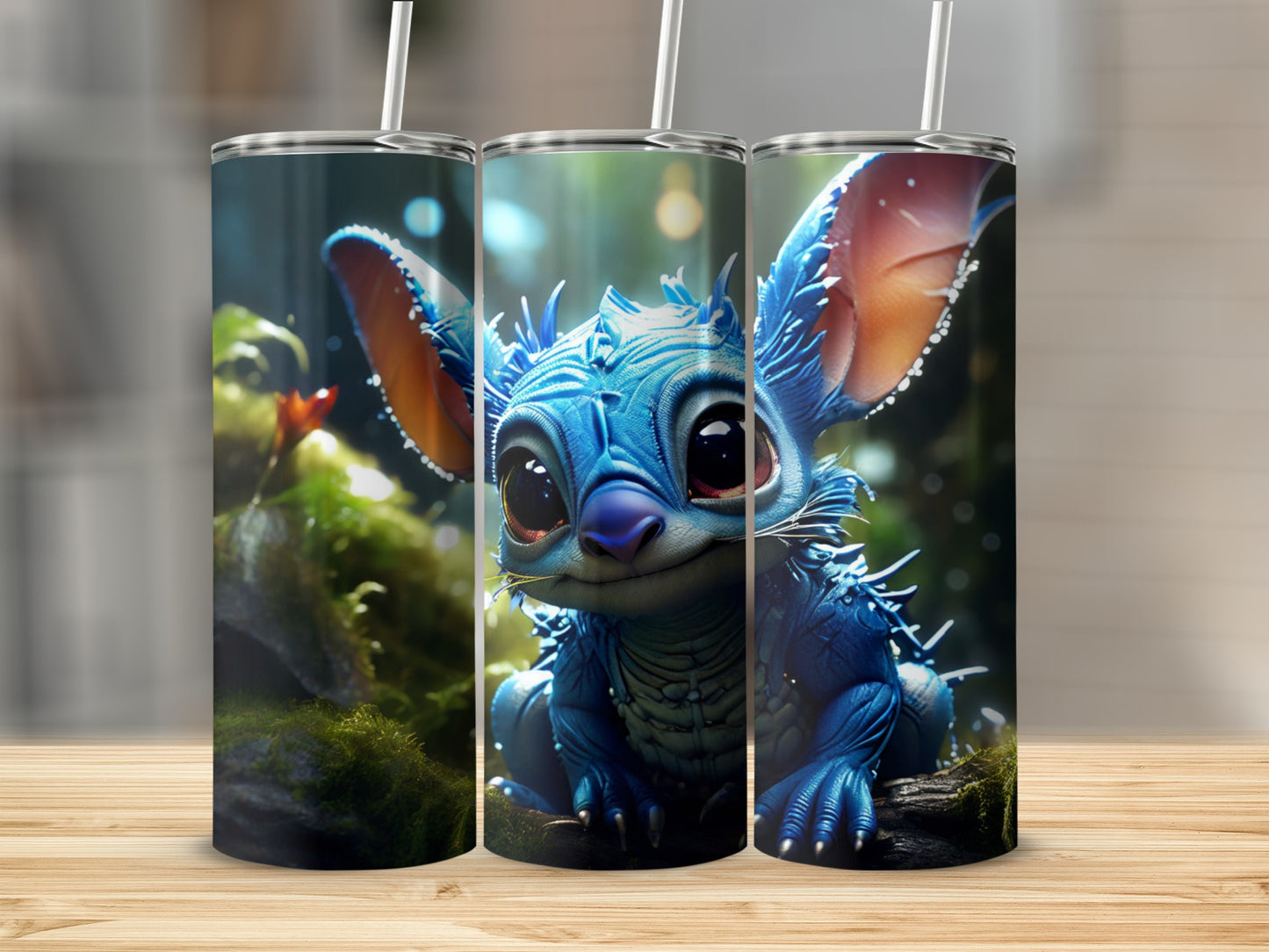 Blue alien creature with big ears and eyes on a tall tumbler.